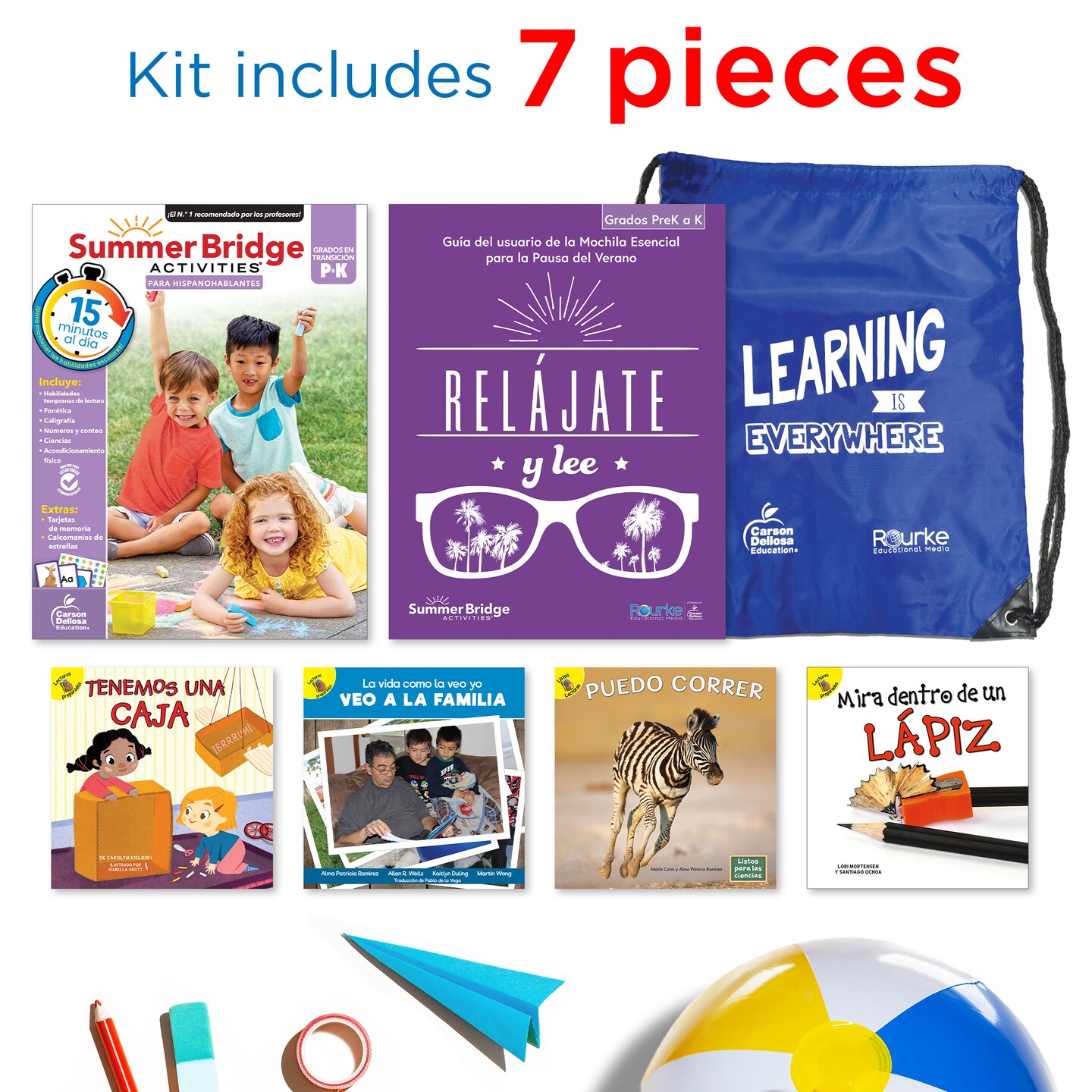Summer Bridge Activities PreK-K Spanish Summer Learning Backpack, Spanish Language Preschool to Kindergarten Learning Activities, Preschool to Kindergarten Workbook, Flash Cards, and Children's Books