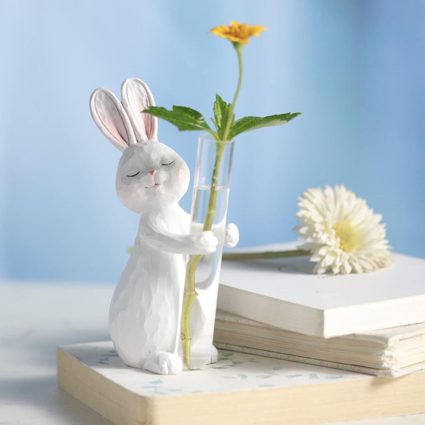 Easter Rabbit Figure Flower Vase, Sculpted Hand-Painted Resin Figurine Statue, Inner Peace Home Decor House Warming Birthday Friendship Figurines Gifts - Pearl White