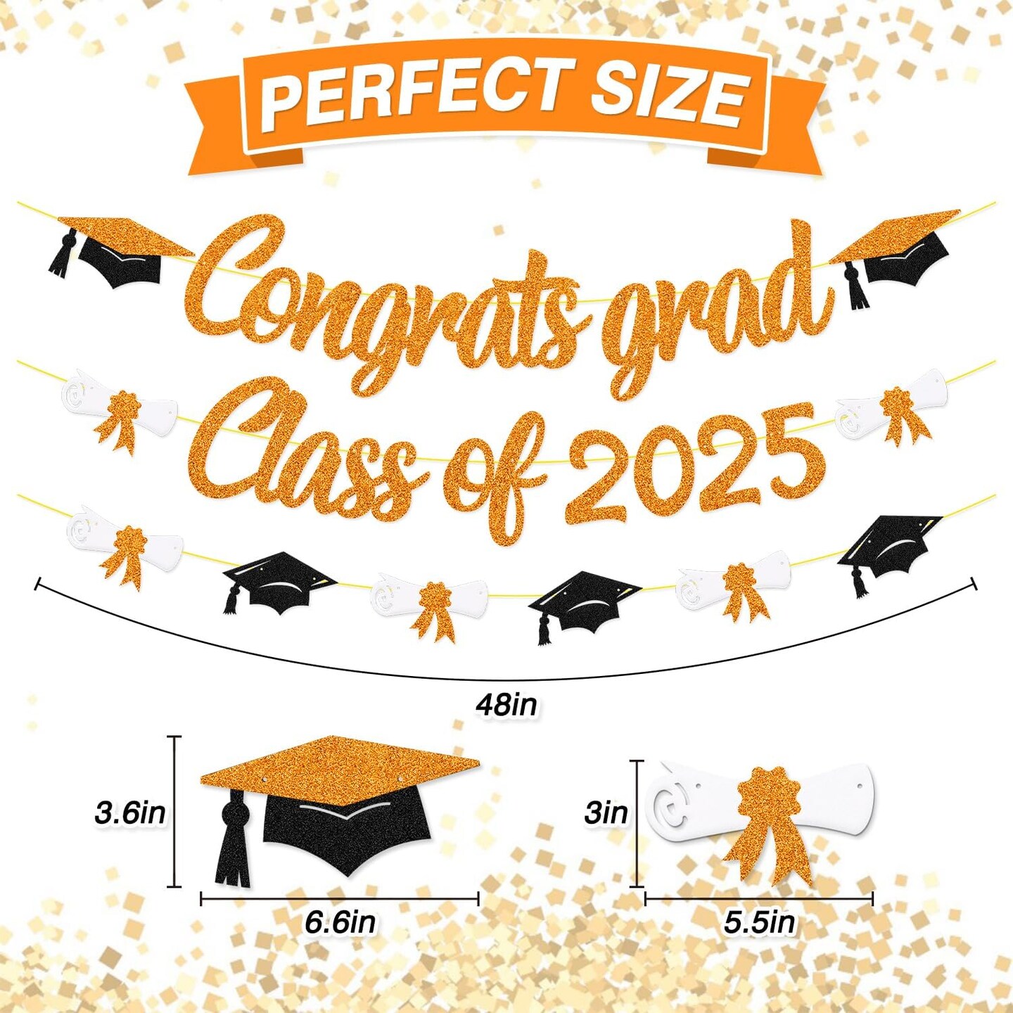 Congrats Grad Class of 2025 Banner Graduation Cap Diploma Theme Party Decoration for for High School College University Senior 2025 Celebrate Party Supplies (Orange)