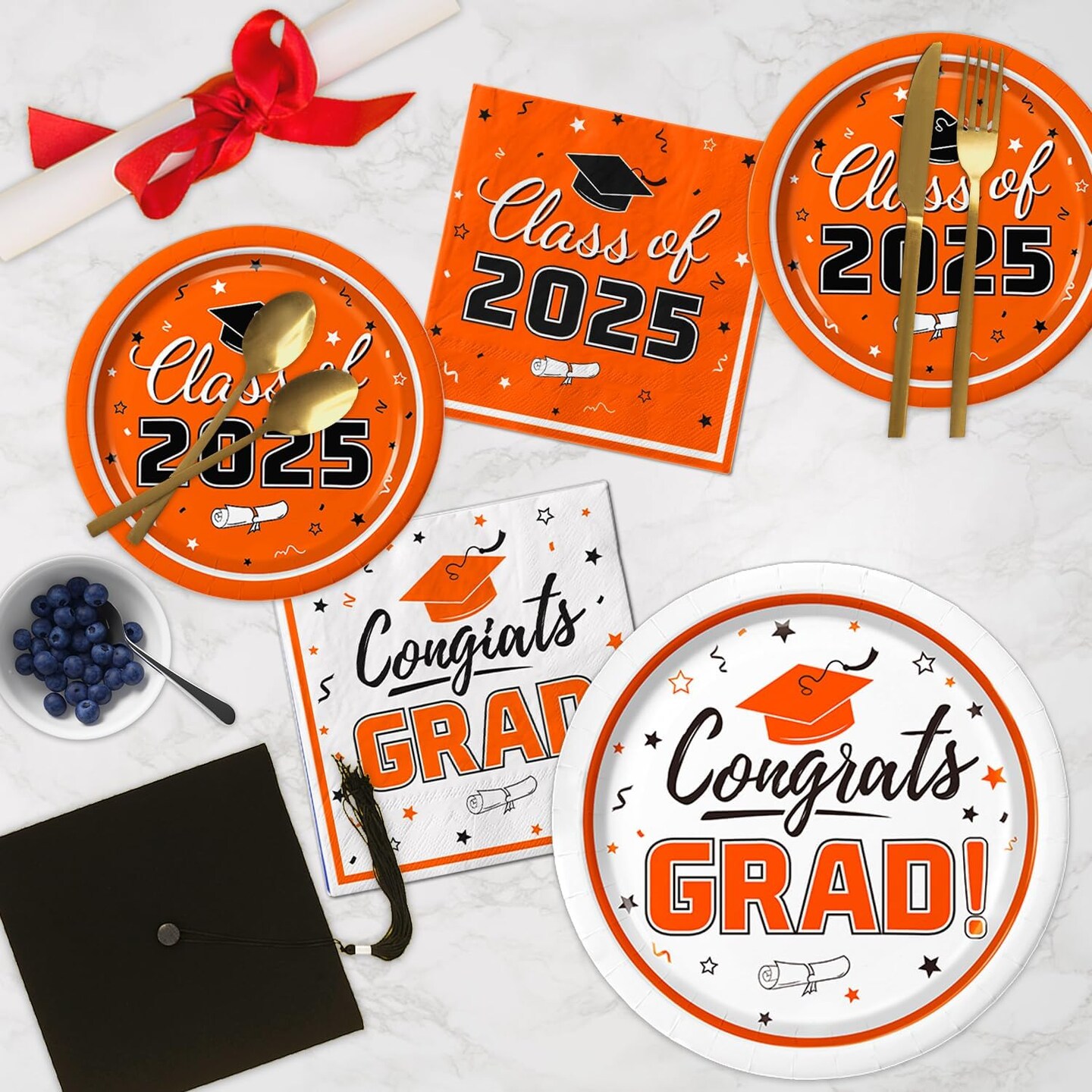 Graduation Party Supplies Kit Serves 50 - Graduation Party Orange Class of 2025 Tableware, Disposable Dinner Plates, Dessert Plates, and Napkins for Congrats Grad Party Decorations