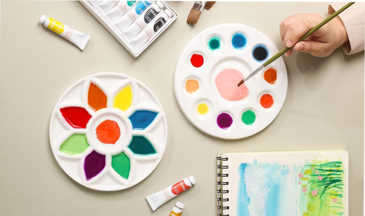 11 Wells Round Porcelain Porcelain Watercolor Palette Paint Tray Palettes Ceramic Watercolor Pallets Paint Holder Painting Palette for Kids or Students to Paints on School Project or Art Class