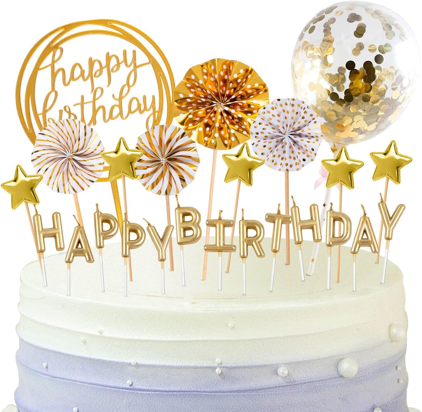 Birthday Candles Set - Cake Topper Decoration with Cake Candles Confetti Balloon Stars and Fan Cupcake Toppers 12 Pieces Birthday Cake Decor for Birthday Party Celebration (Gold)