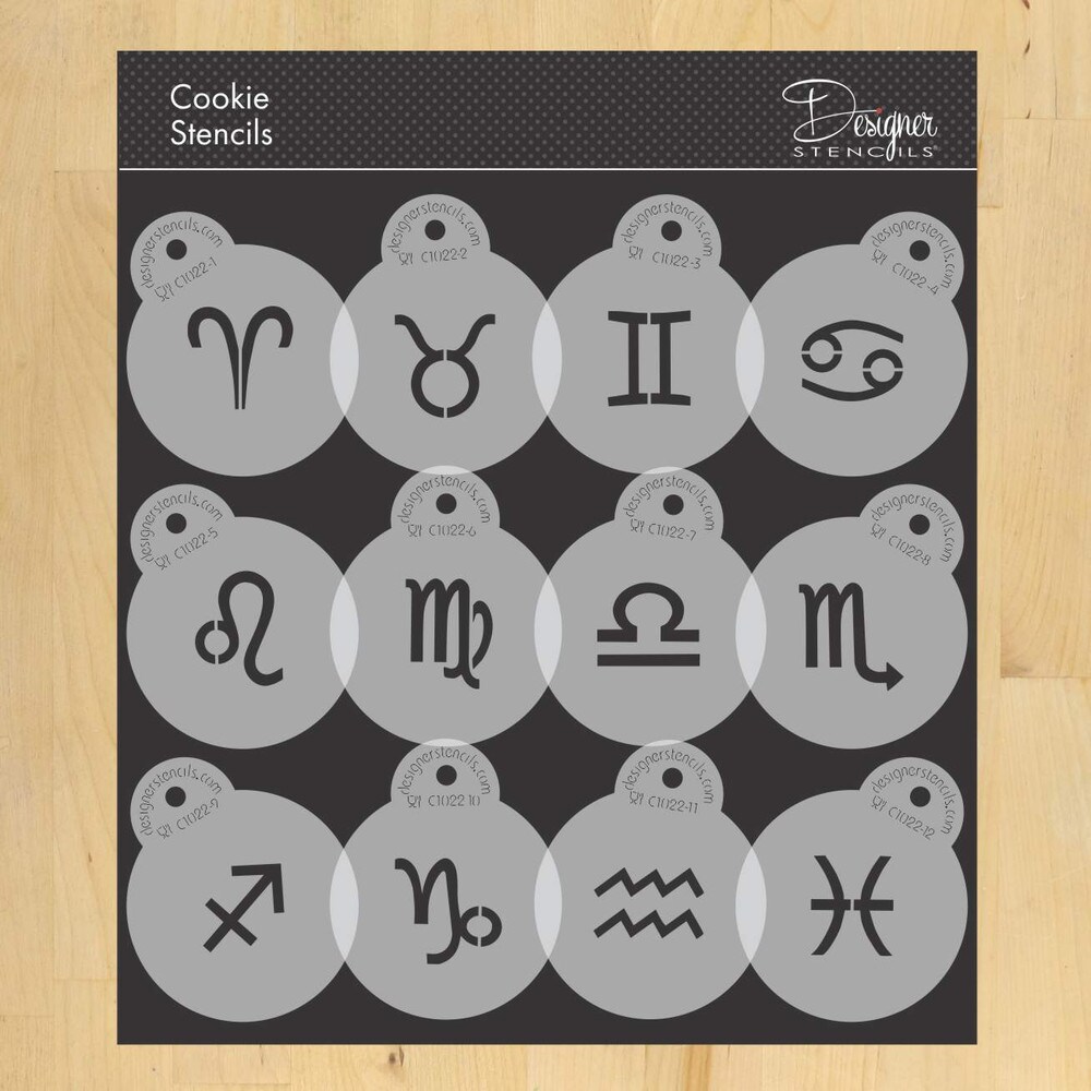 Astrological Zodiac Signs Cookie Stencil Set | C1022 by Designer Stencils | Cookie Decorating Tools | Baking Stencils for Royal Icing, Airbrush, Dusting Powder | Reusable Plastic Food Grade Stencil for Cookies | Easy to Use &#x26; Clean Cookie Stencil