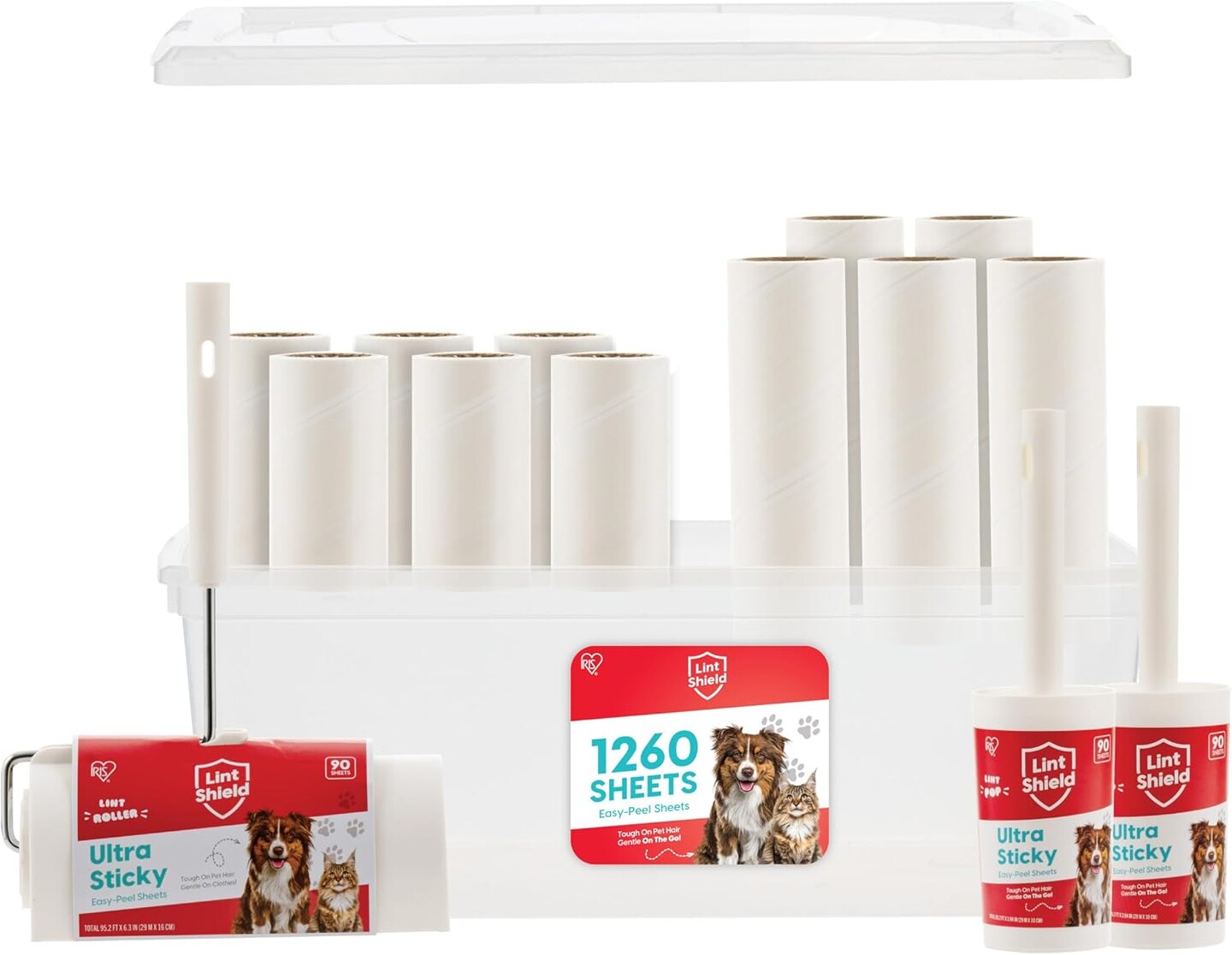 IRIS USA Extra Sticky Lint Roller, Value Pack Comes with Storage Box, Standard and T-Handle Roller, Refills, 90 Sheets/Roll, 1260 Sheets Total