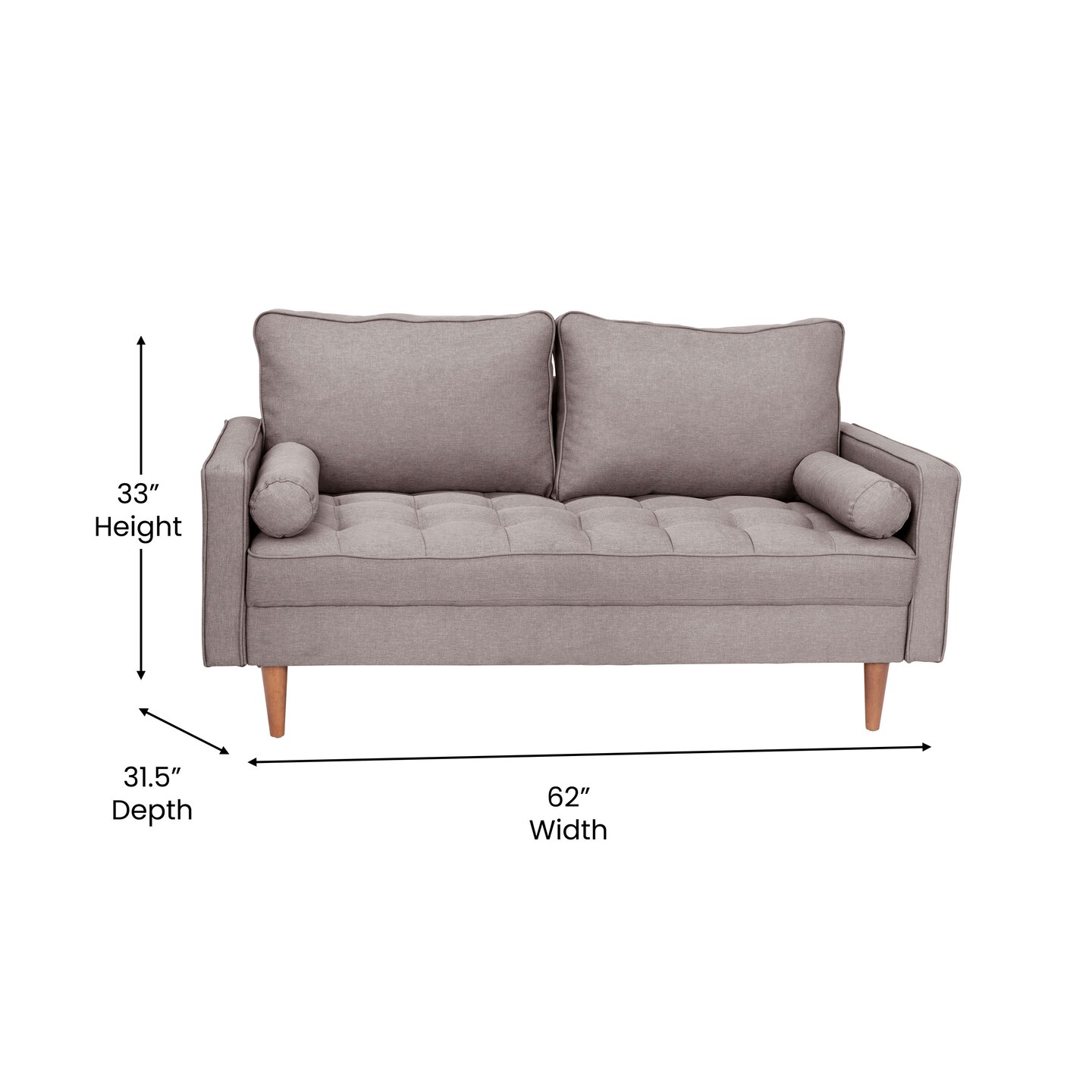 Emma and Oliver Holden Upholstered Mid-Century Modern Pocket Spring Loveseat with Wooden Legs and Removable Back Cushions