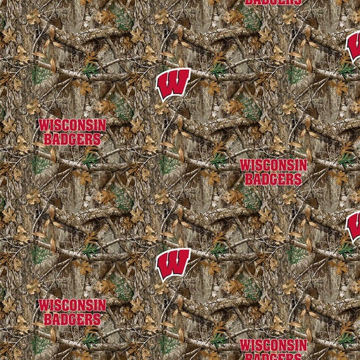 Licensed NCAA University of Wisconsin Realtree Camo WIS-1163 Cotton Fabric by the Yard