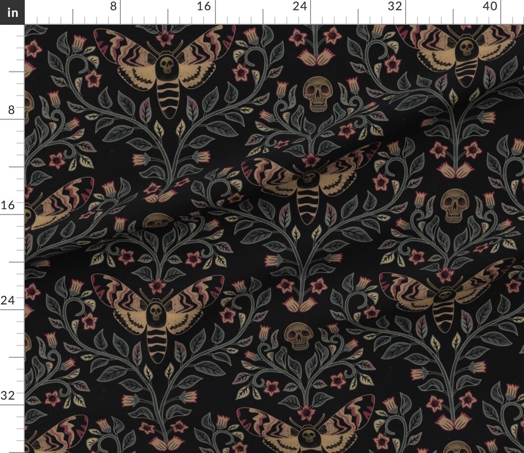 Various Fabrics by the Yard or Fat Quarter Death Head Moth Gothic Belladonna Skull Black Green Large Scale Custom Printed Fabric by Spoonflower