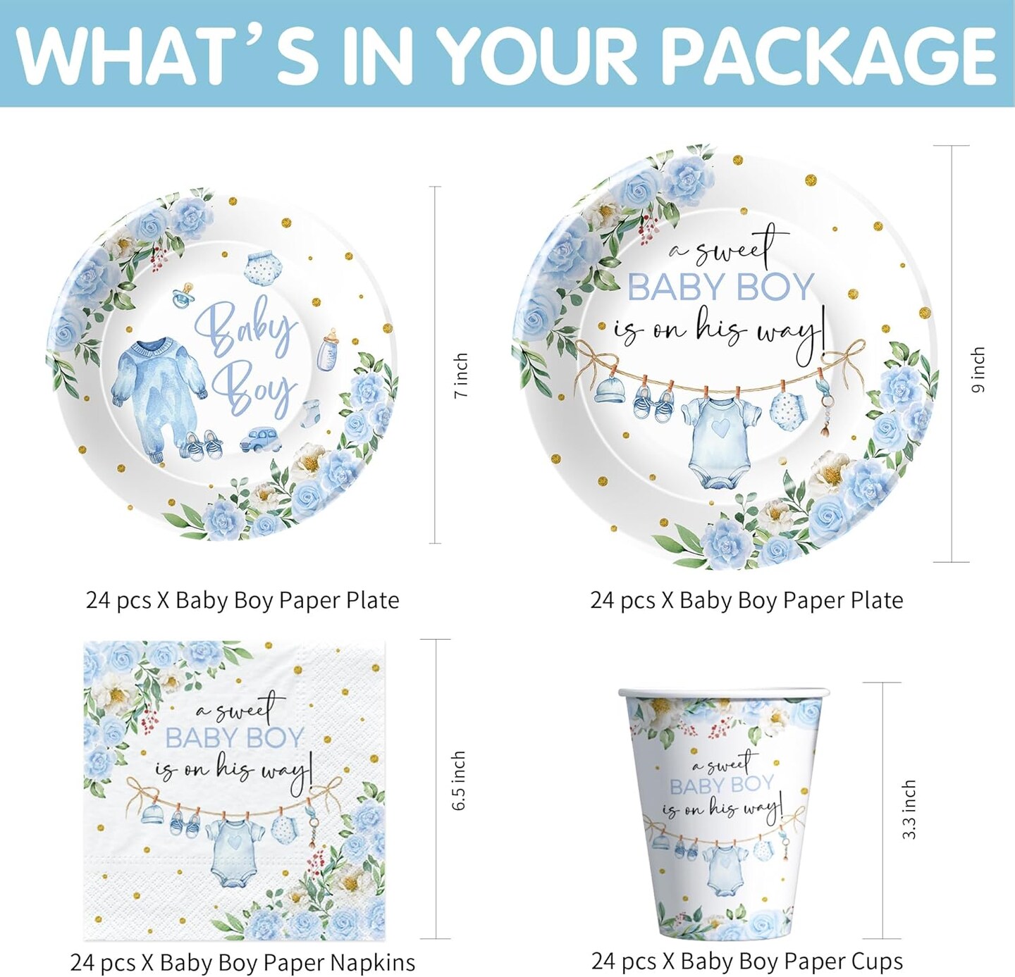 Boy Blue Floral Baby Shower Decorations & Tableware Set – Serves 24 Guests (Blue)