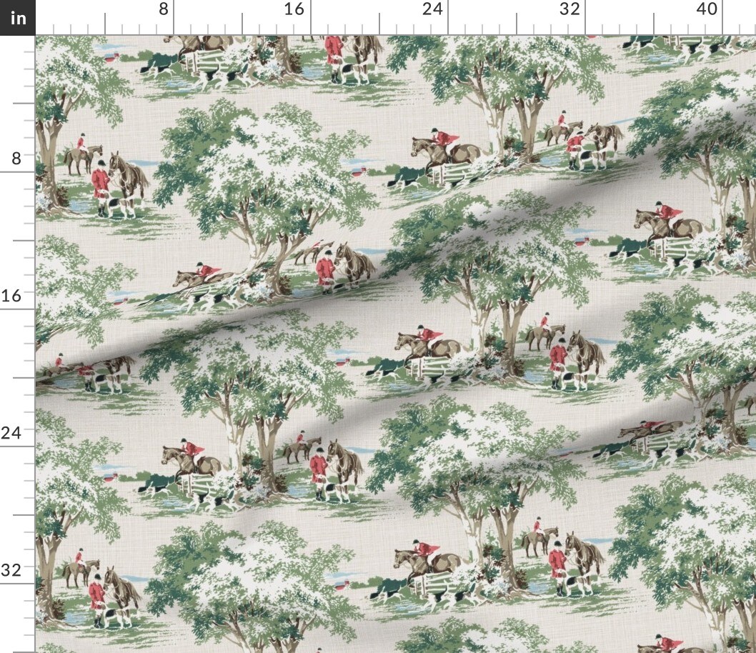 Various Fabrics by the Yard or Fat Quarter Equestrian Toile Fox Hunting English Traditional Hunt Pony Horse Master Green Beige Red Custom Printed Fabric by Spoonflower