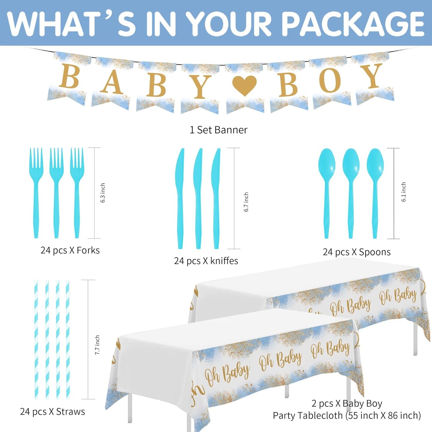 Dusty Blue Baby Boy Shower Decorations & Tableware Set – Serves 24 Guests