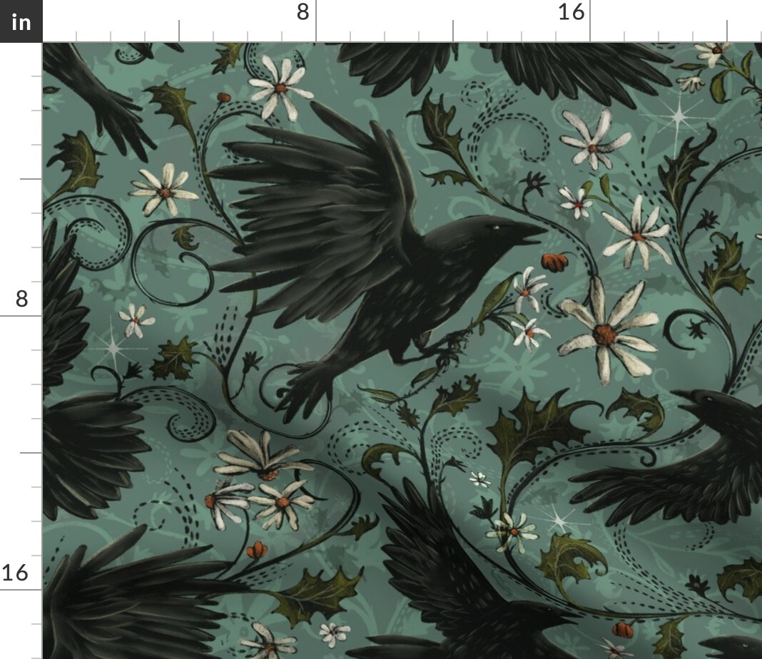 Gothic Ravens Autumn Floral Halloween Bohemian Magic Dark Moody Corvid Teal Cyan Custom Printed Fabric by Spoonflower Various Fabrics by the Yard or Fat Quarter