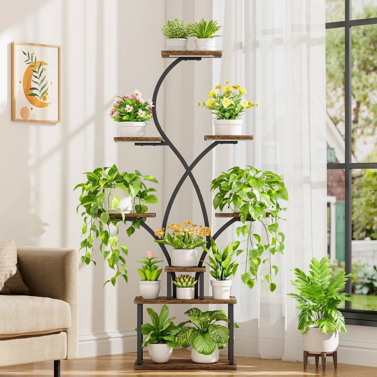 62-Inch Tall Tree-Shaped Indoor Plant Stand with 3-Head Full-Spectrum Grow Lights 8-Tier Corner Display Shelf