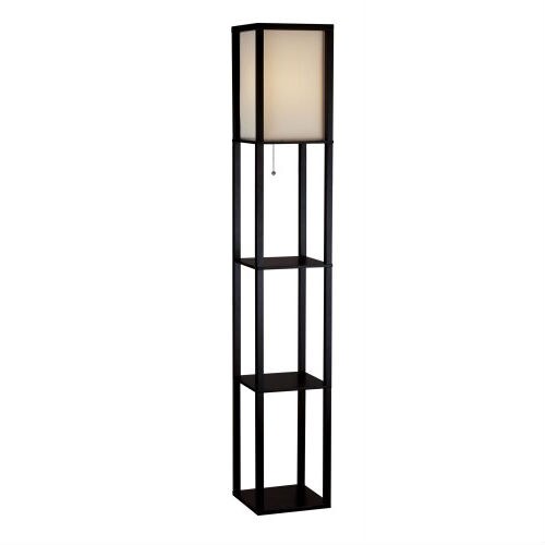 Black Walnut Wood Modern Floor Lamp with Silk Shade Pull-Chain asnd Storage