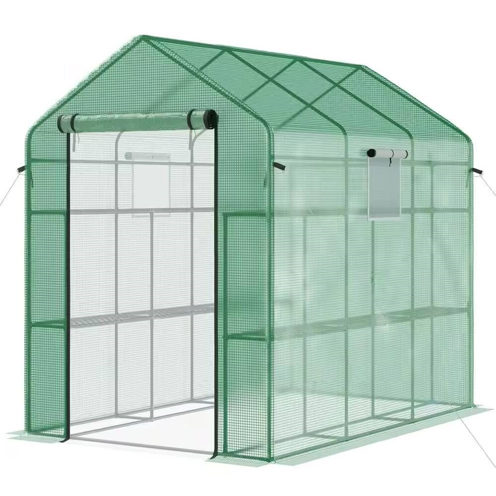 Outdoor Walk In Greenhouse with Steel Frame PE Mesh Cover and Two Tier Shelving