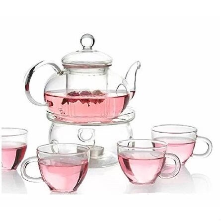 6-Piece Glass Tea Pot Set with Infuser Warmer and 4 Cups for Hot Tea and Kung Fu Ceremonies