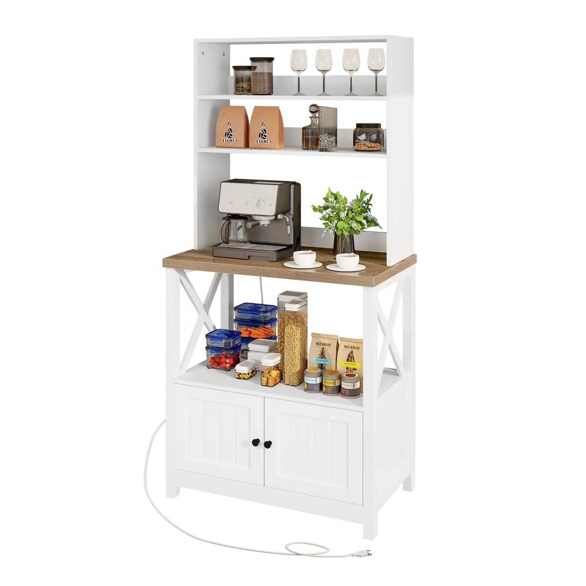 Modern White Wooden Kitchen Rack with Wine Glass Holder Shelves and Cabinet Storage