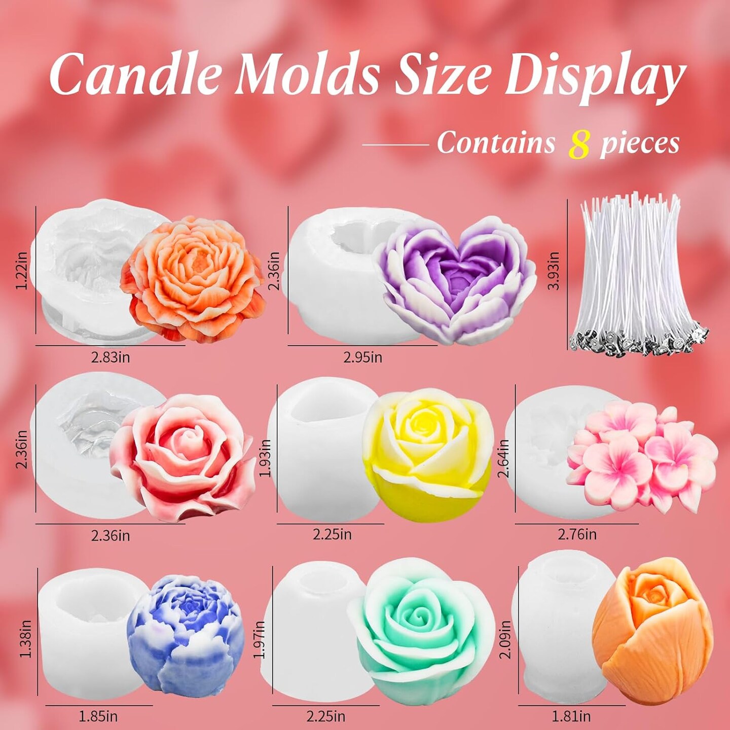 8Pcs Rose Flower Tulip Peony Heart Candle Soap Wax Mold
