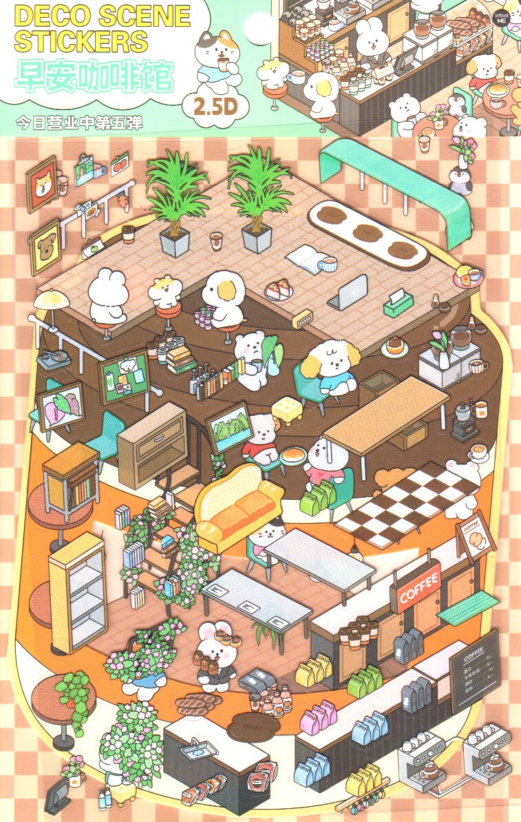 Cute Cafe Room Scene Stickers, Isometric Landscape Sticker Set, Adorabilities
