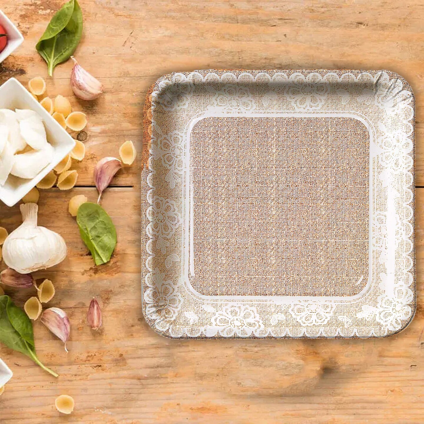 8 Count Burlap and Lace Square Paper Dessert Plates 7 Inch Print Plates & Bowls