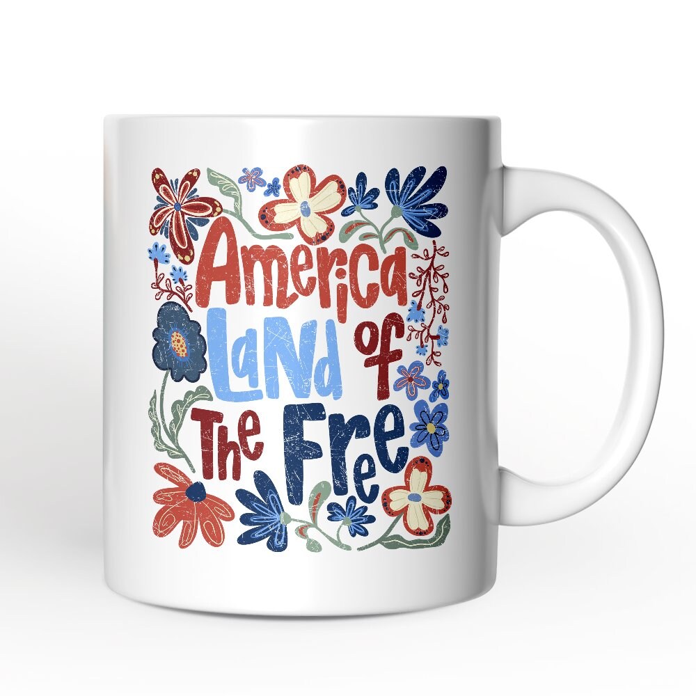 America Land of the Free Mug, Retro Floral Independence Day Gift
