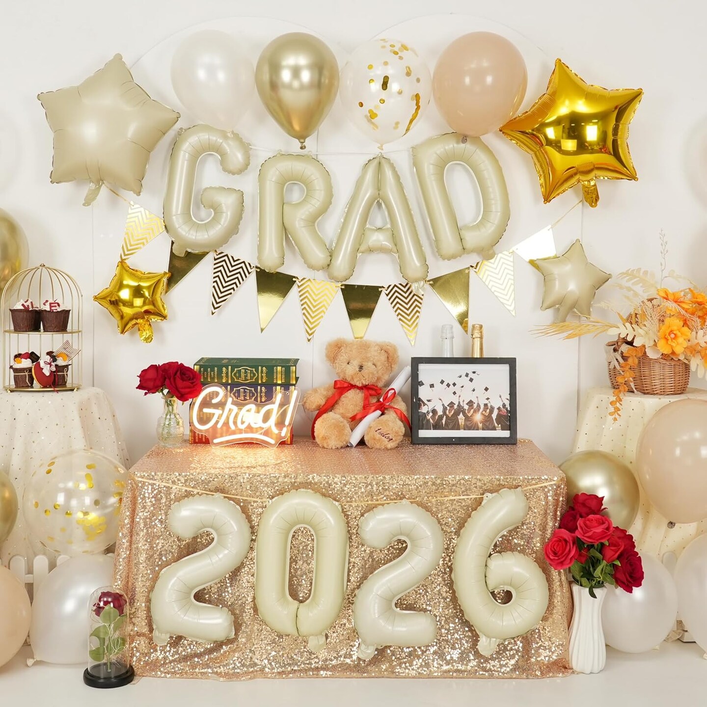 Graduation Decorations 2026 White Gold, GRAD 2026 Foil Balloons Banner with Nude White Gold Confetti Balloon Star Balloon Pennant Banner for Class of 2026 Graduation High School College Party Supplies