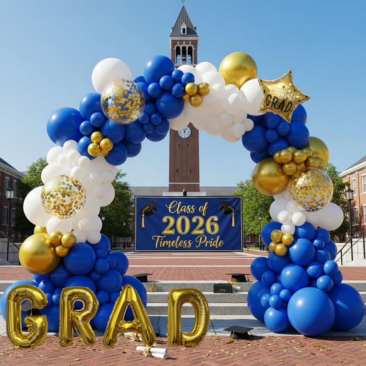 Graduation Balloon Arch Kit - 128Pcs Blue White and Gold Balloon Garland with 16" GRAD Letters, Star Foil and Confetti Balloons for Class of 2026 Grad Prom College Party Decorations