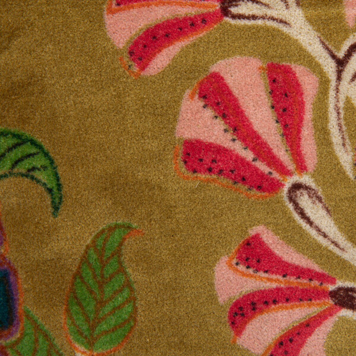 Hello Honey Cotton Blend Velvet Printed Pillow with Flowers and Mini Pom Pom Trim, Multicolor
