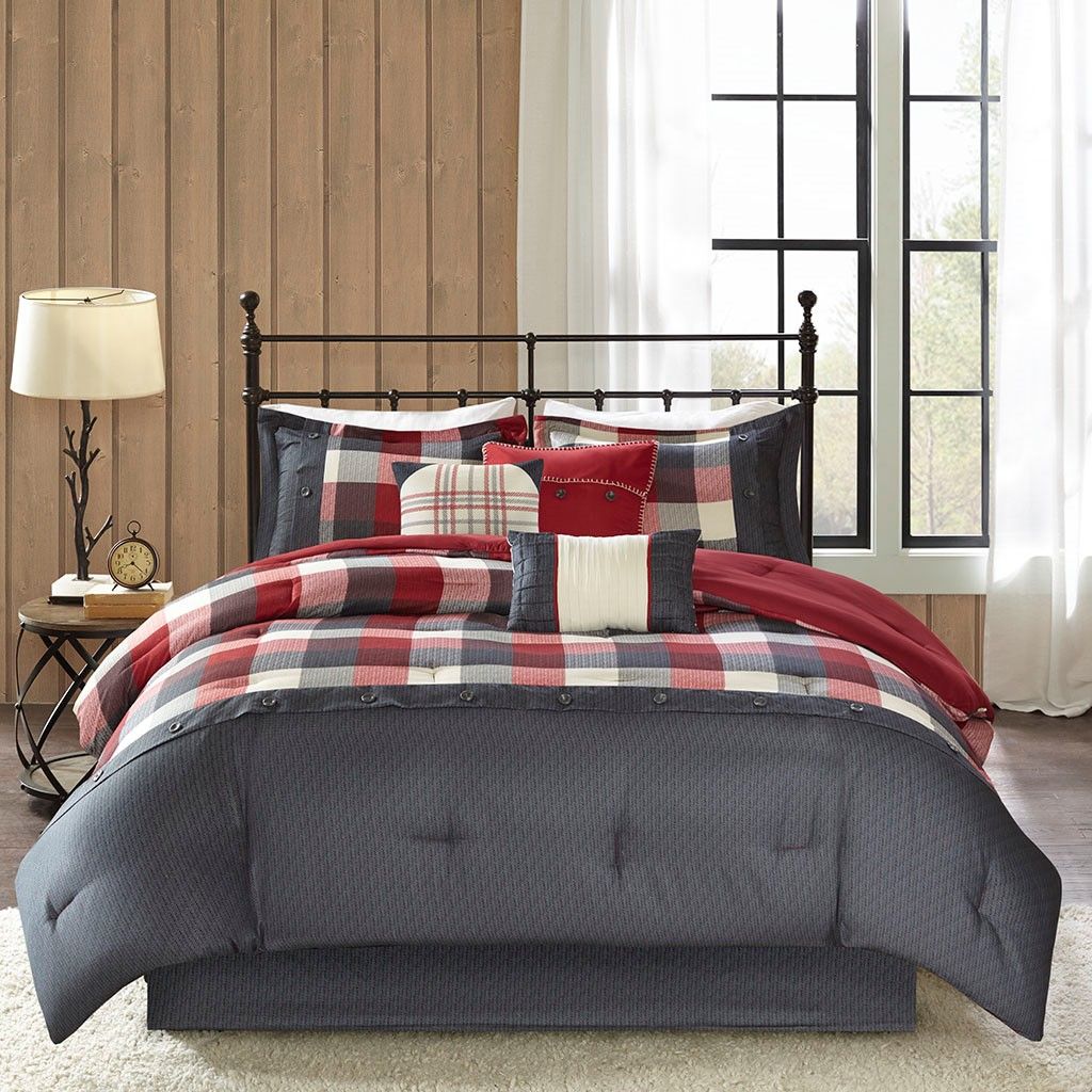 Buffalo Plaid Cal King Comforter Set, 7-Piece Herringbone Pattern Ensemble