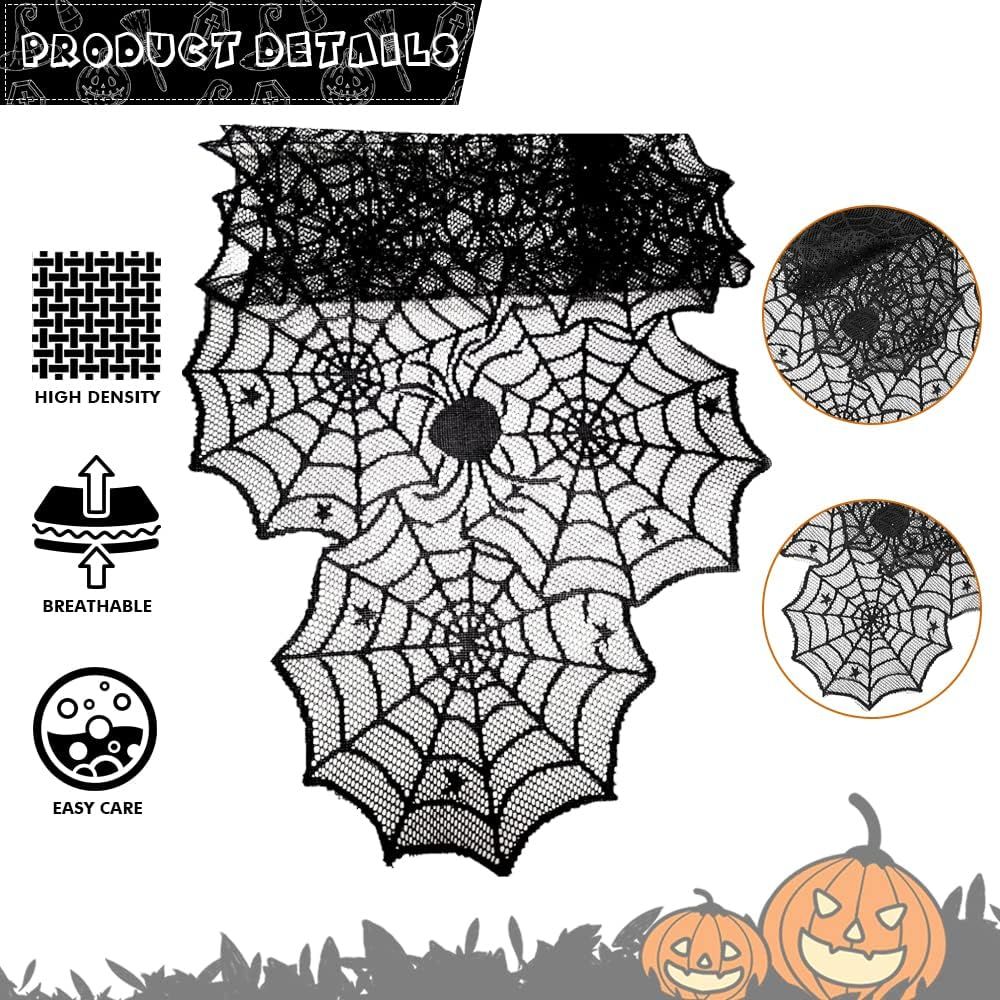 Halloween Decoration Table Runner with 12 Pack 3D Bats, Spider Web Black Lace Table Runner for Kitchen Dinner Table, Halloween Party Decoration Indoor - 13 x 72 Inch