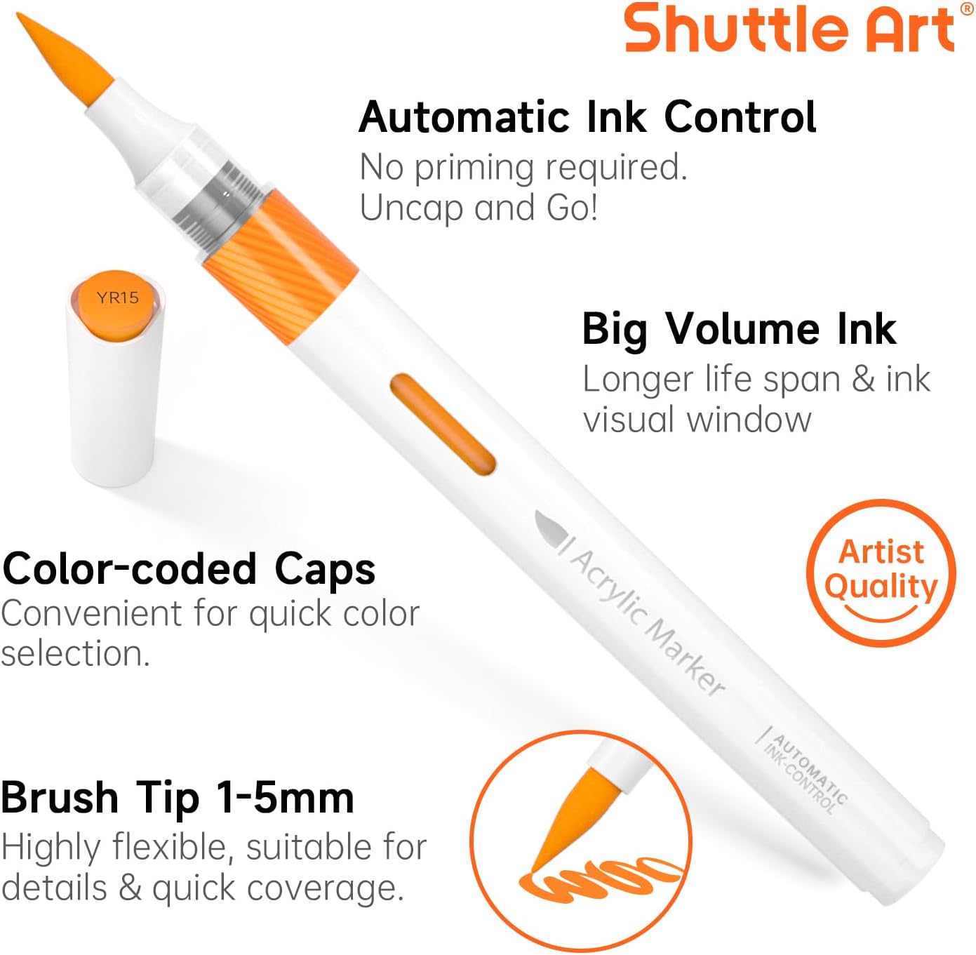 Automatic Ink Control Acrylic Paint Markers, 60 Colors Brush Tip Acrylic Paint Pens for Rock Painting, Ceramic, Wood, Canvas, Glass, Stone, Fabric, Card Making, DIY &#x26; Art Supplies