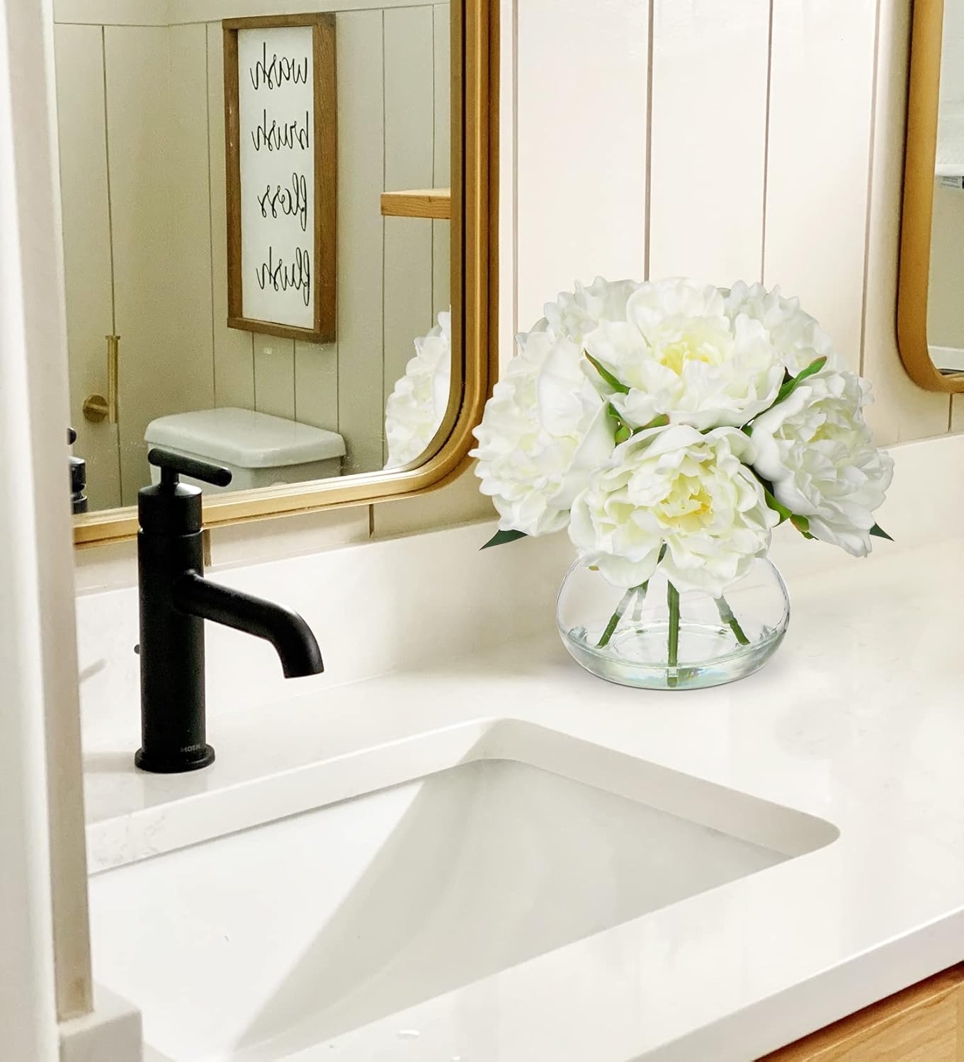 Fake Flowers White Peonies Artificial Flowers Faux Flowers with Vase Peony Silk Flower Arrangements in Glass Vase with Faux Water for Home Decor Bathroom Table Centerpiece Shelf Decorations