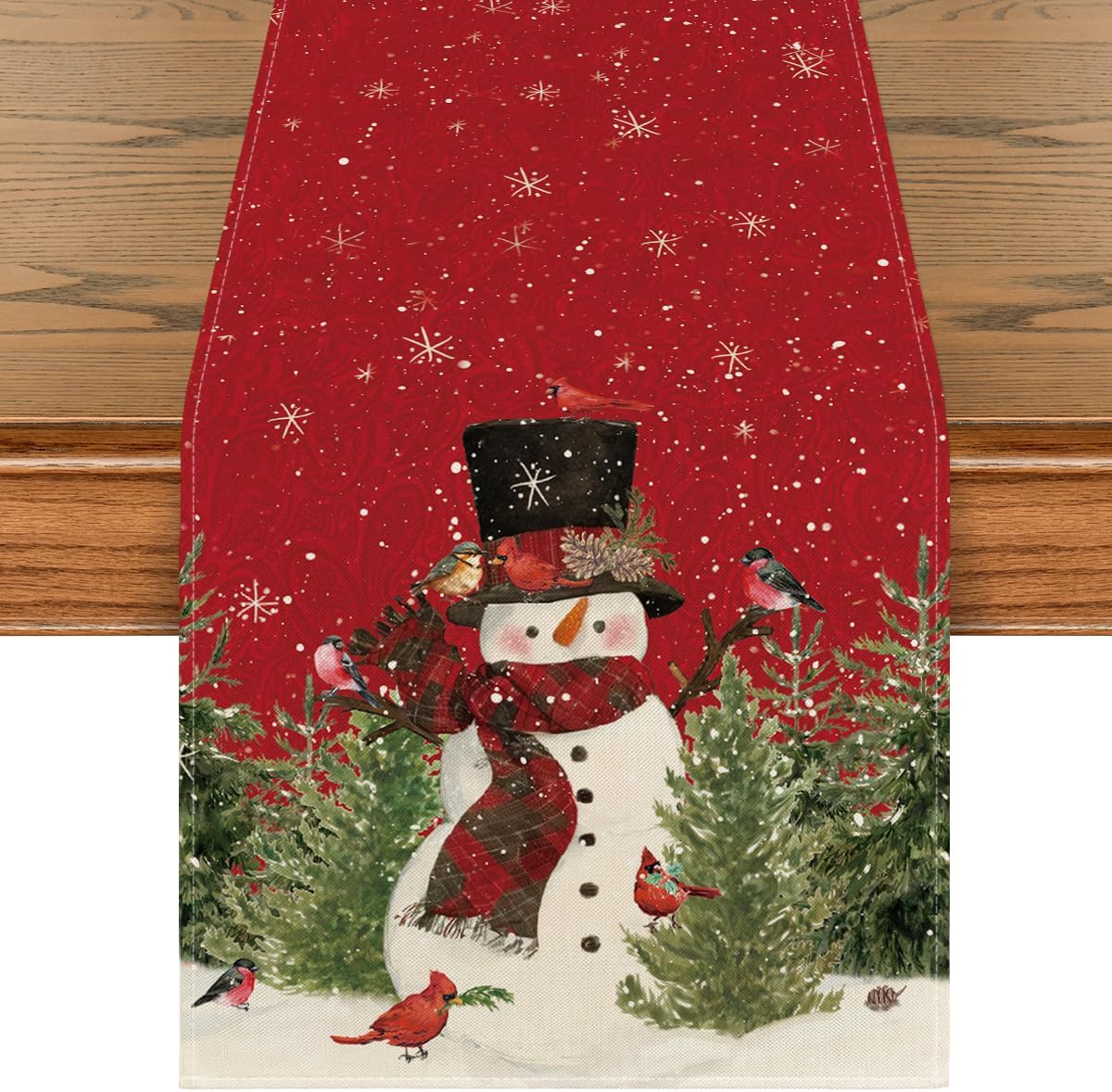 Snowman Christmas Birds Trees Table Runner, Seasonal Winter Xmas Holiday Kitchen Dining Table Decoration for Indoor Outdoor Home Party Decor