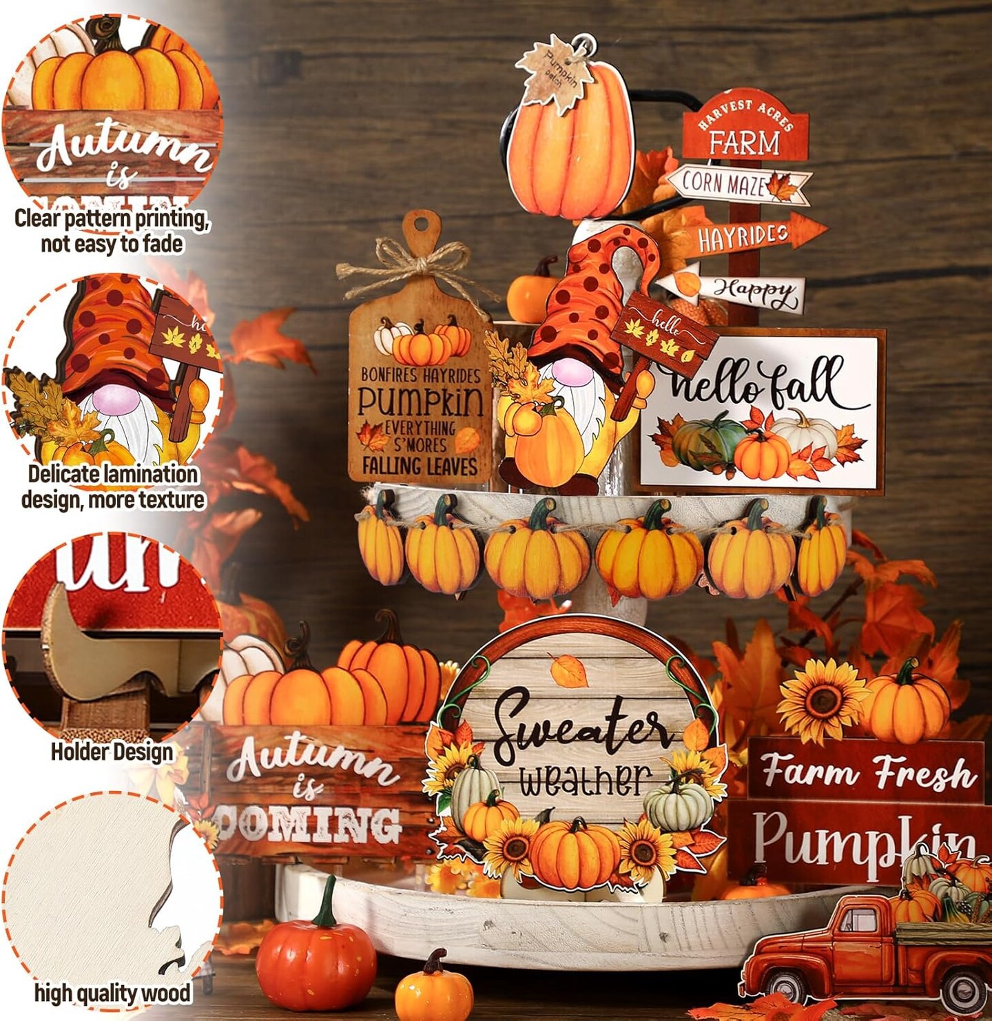 16 Pcs Fall Tiered Tray Decor Pumpkin Gnome Truck Wooden Signs Fall Table Decorations Centerpieces Farmhouse Decor for Home Autumn Harvest Table Shelf Decor