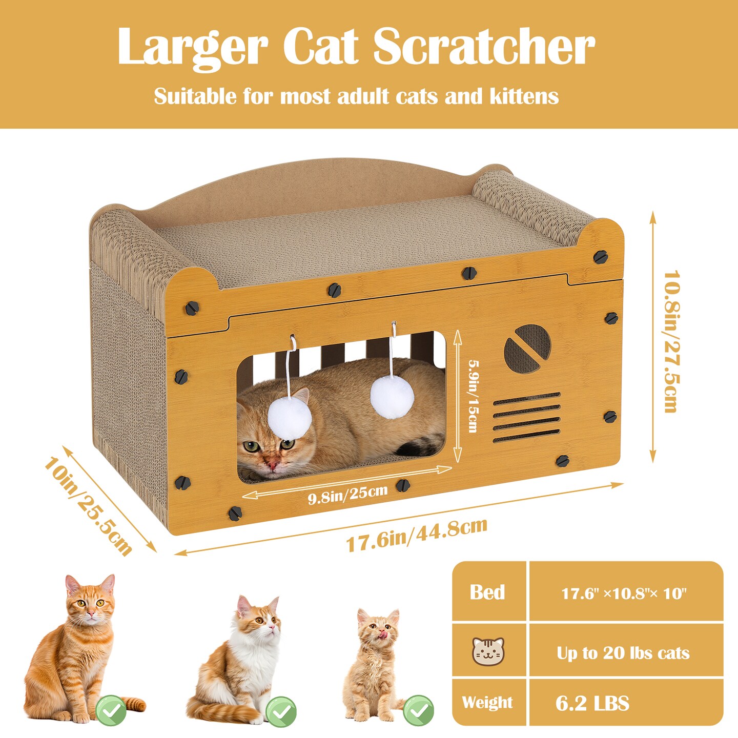 Multi-Functional Cat Scratcher House, Corrugated Cardboard Cat Bed with Hanging Pom-Pom Toys