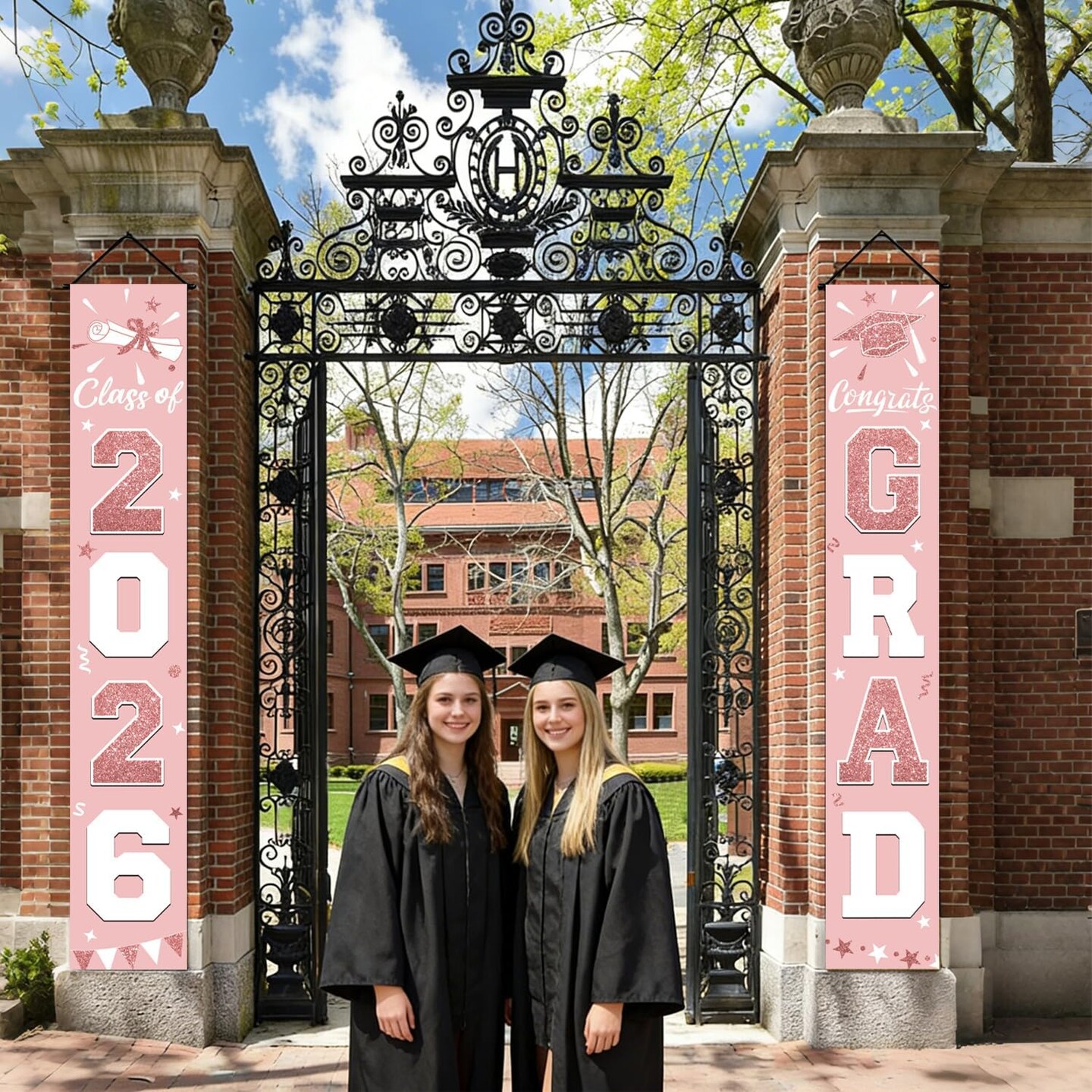 Graduation Party Decoration – Pink Rose Gold Class of 2026 Porch Banner Set, Congrats Grad Door Signs for Elegant Graduation Party Decor Supplies
