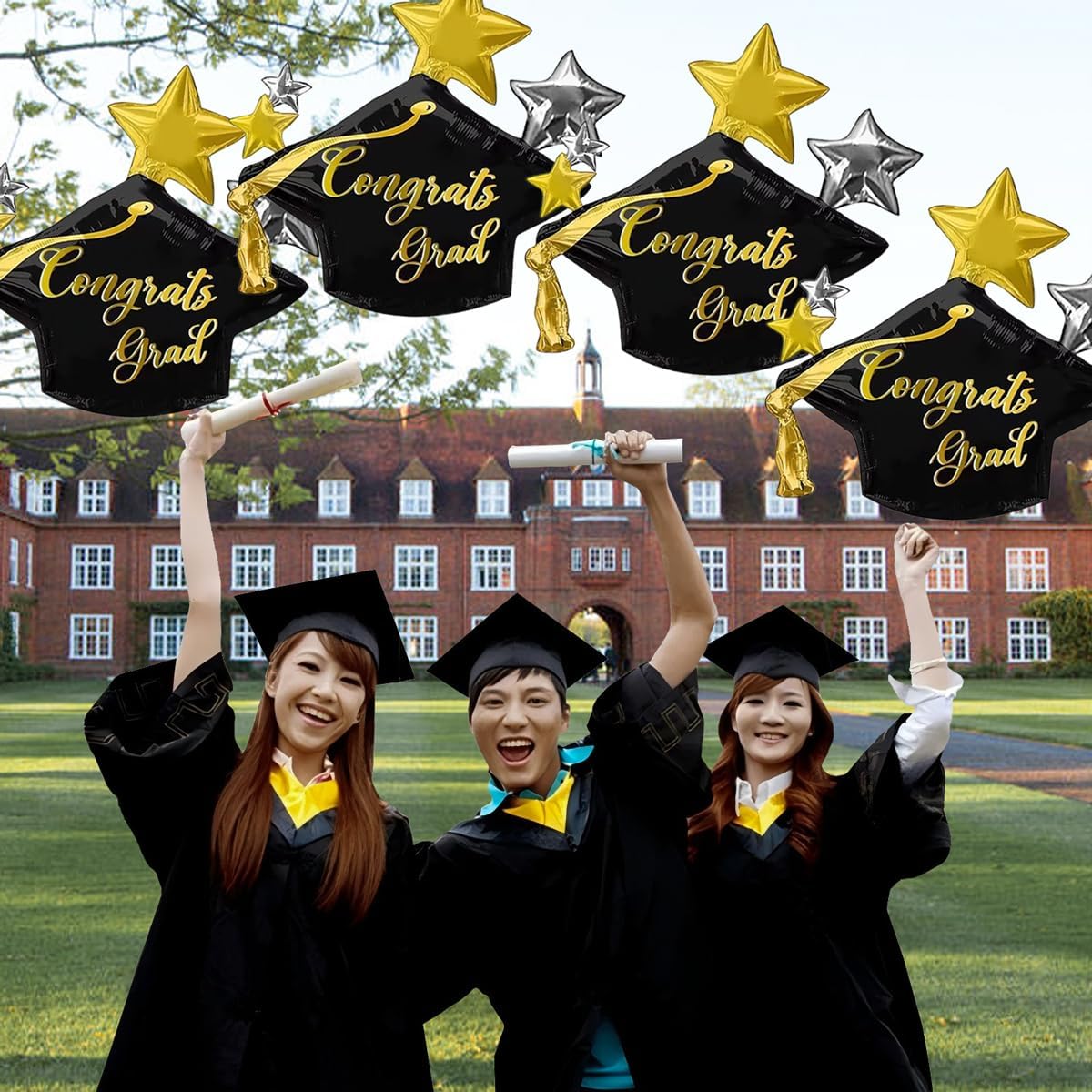 Graduation Party Balloons – 4-Piece Large 28” Congrats Grad Cap Foil Balloons for Class of 2026 Graduation Decorations (Indoor & Outdoor Party Supplies)