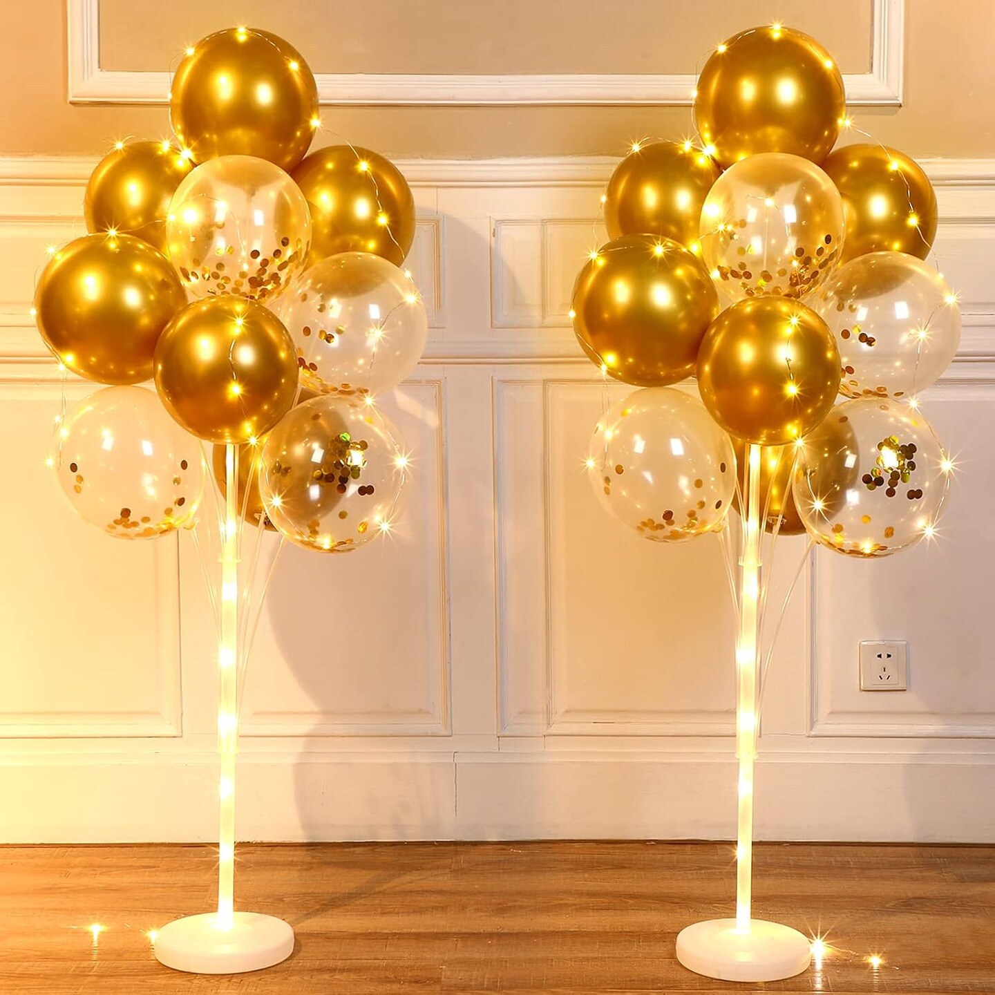 2 Sets Balloon Column Stand Kit with 40 Gold Balloons & LED String Lights, Floor Balloon Tower Centerpieces for Birthday, Wedding, Baby Shower & Party Decorations
