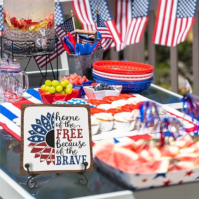 July 4th Petals Wood Plaque With Iron Stand - Home Of The Free Because Of The Brave - 4"x4" Wooden Block Sign, Patriotic Desk Signs, Shelf & Tabletop Decorations, America Memorial Day Supplies - E06