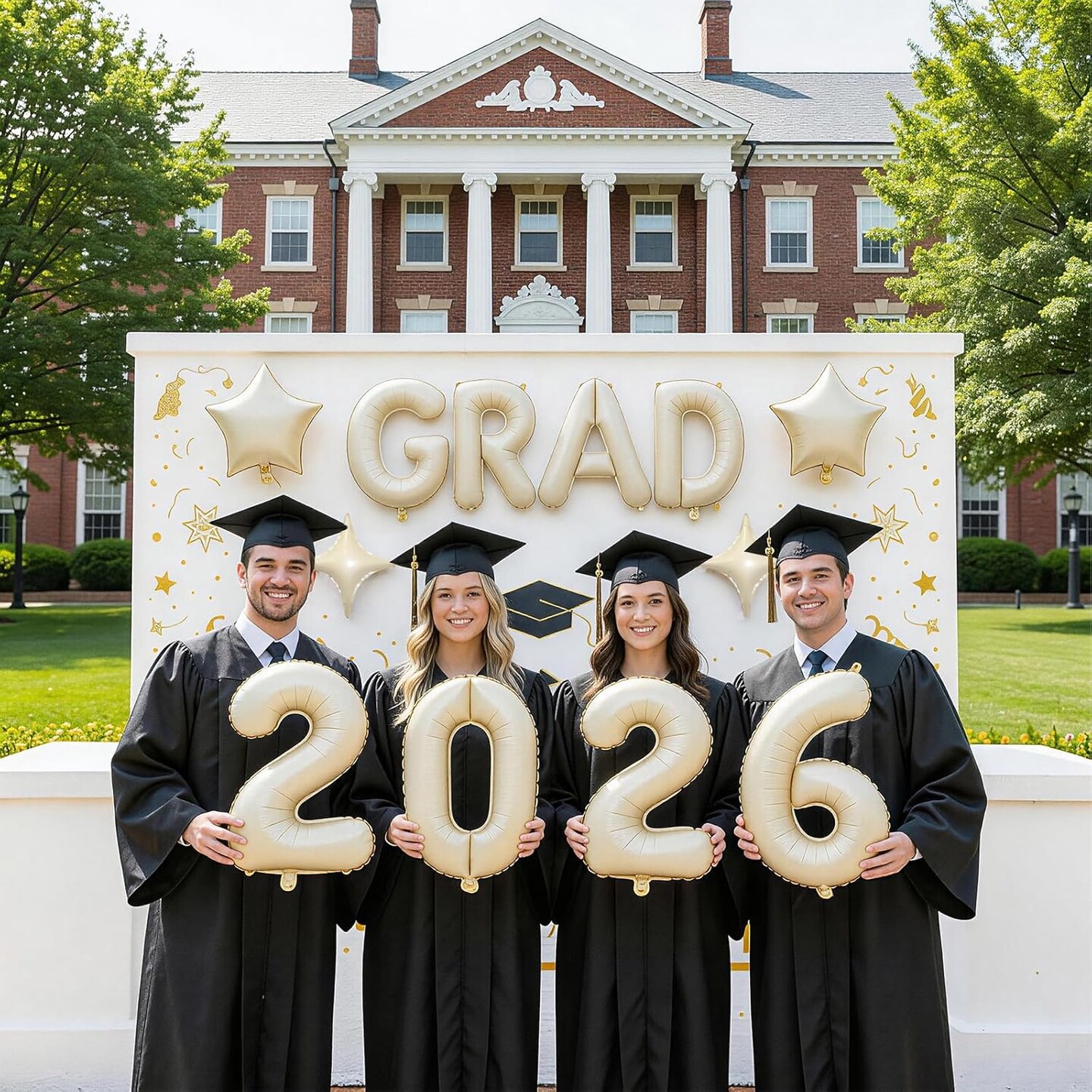 Graduation Party Balloons – 12-Piece White Sand “GRAD 2026” Foil Balloon Set with Star Accents for Class of 2026 Graduation Decorations & Photo Backdrop