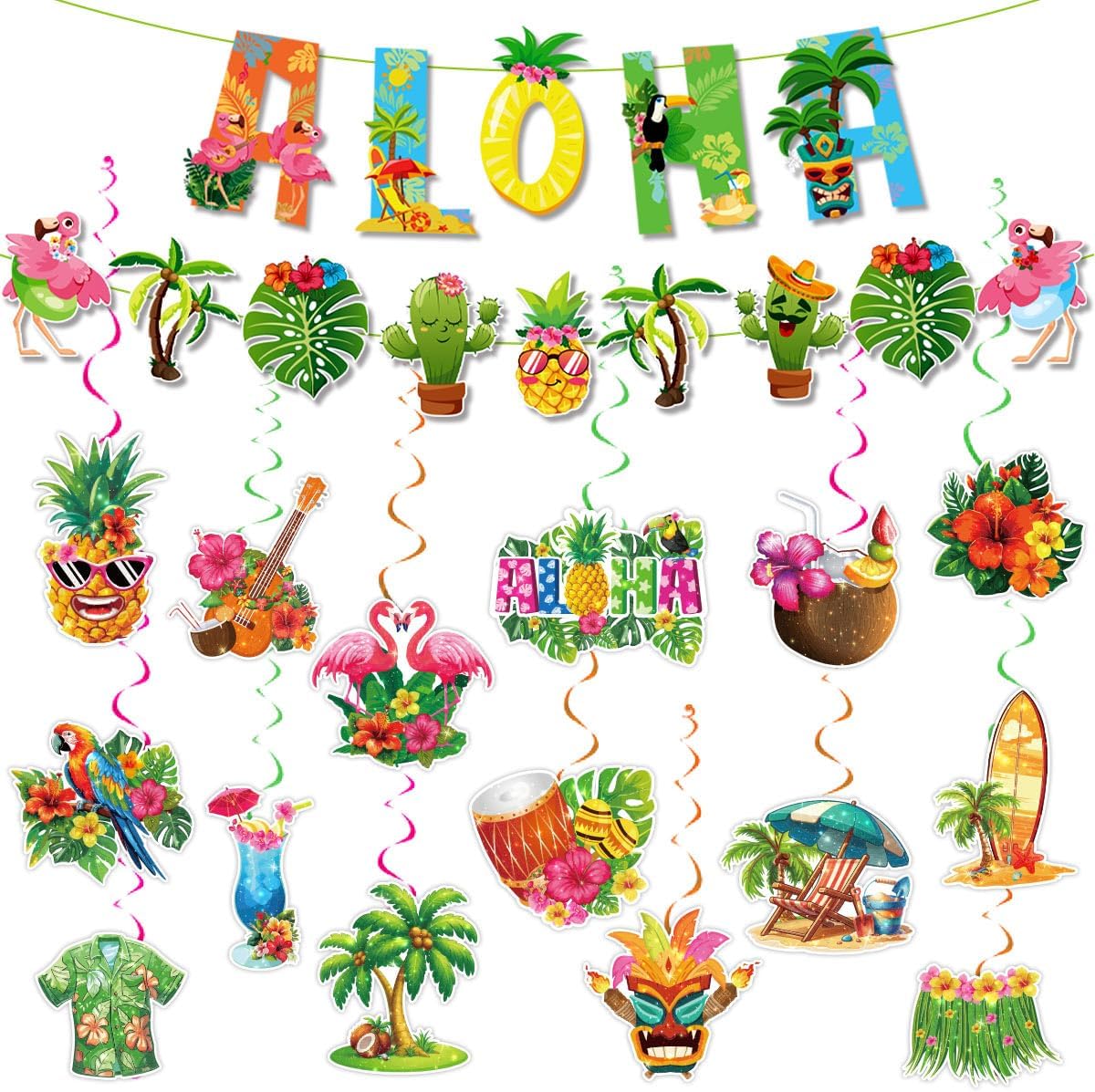 32-Piece Hawaiian Luau Hanging Swirl Decorations | Tropical Flower, Palm & Flamingo Foil Ceiling Danglers for Summer Beach, Pool Party & Tiki Supplies