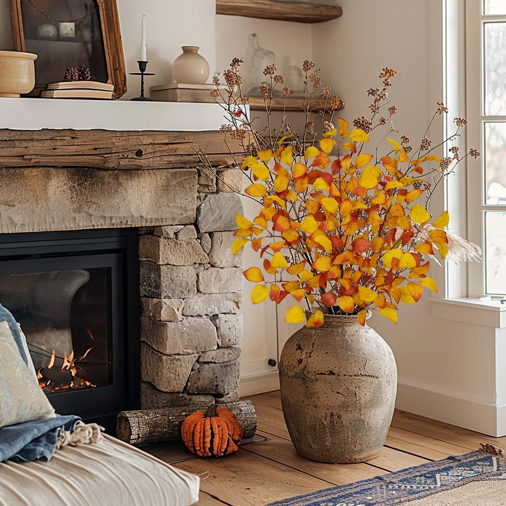 3PCS Artificial Fall Beech Leaf Branch Stems – 39" Gold Autumn Foliage Faux Fagus Sylvatica Silk Leaves for Floral Arrangements, Vase Centerpieces & Seasonal Home Decor