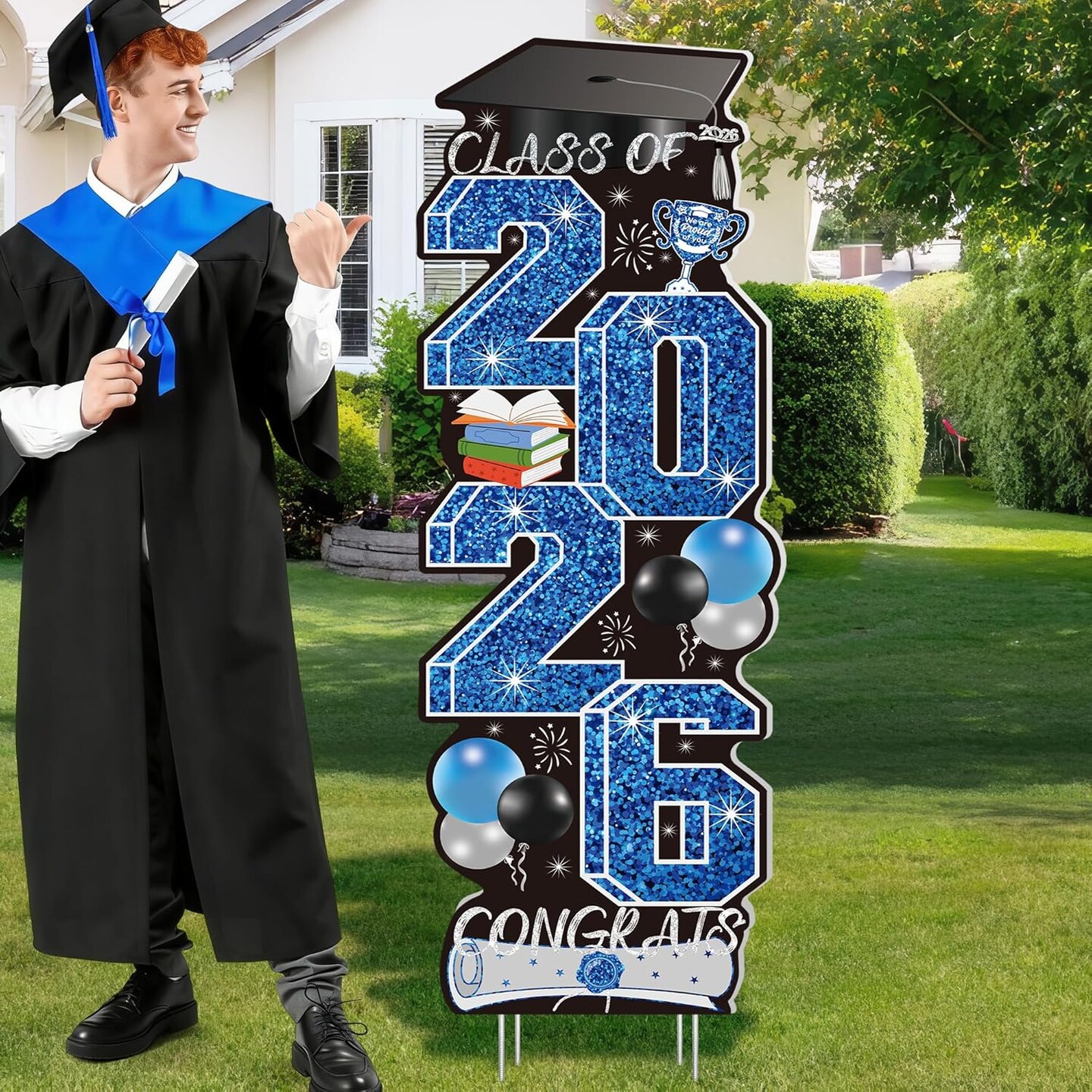 Graduation Party Decoration – 4PCS Blue Class of 2026 Congrats Grad Yard Signs with Stakes, Outdoor Lawn & Indoor Graduation Party Decor Set