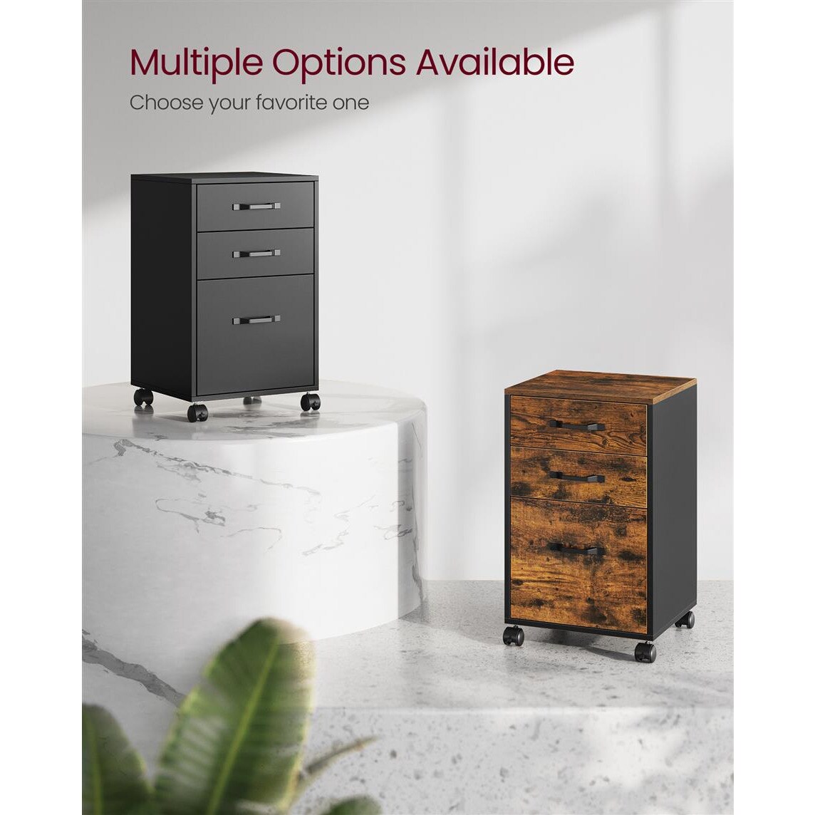 Mobile File Cabinet 3 Drawer Rolling Office Storage Unit with Locking Wheels A4 Letter Size Rustic Brown Ink Black