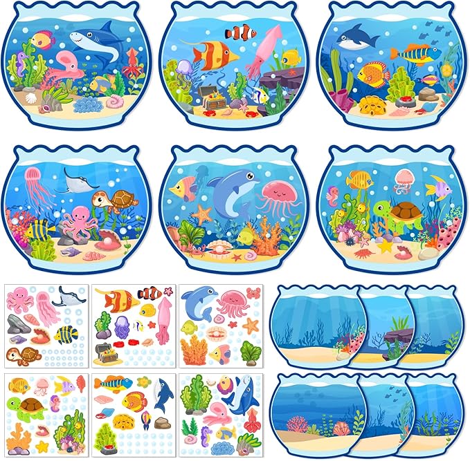 Summer Craft Kits for Kids Make A Ocean Animals Worlds Stickers Scene, Summer Craft Under The Sea Scene Sticker Shark Tropical Fish Sea Animal Bulk Set for Home Classroom Game Activities (24Set)