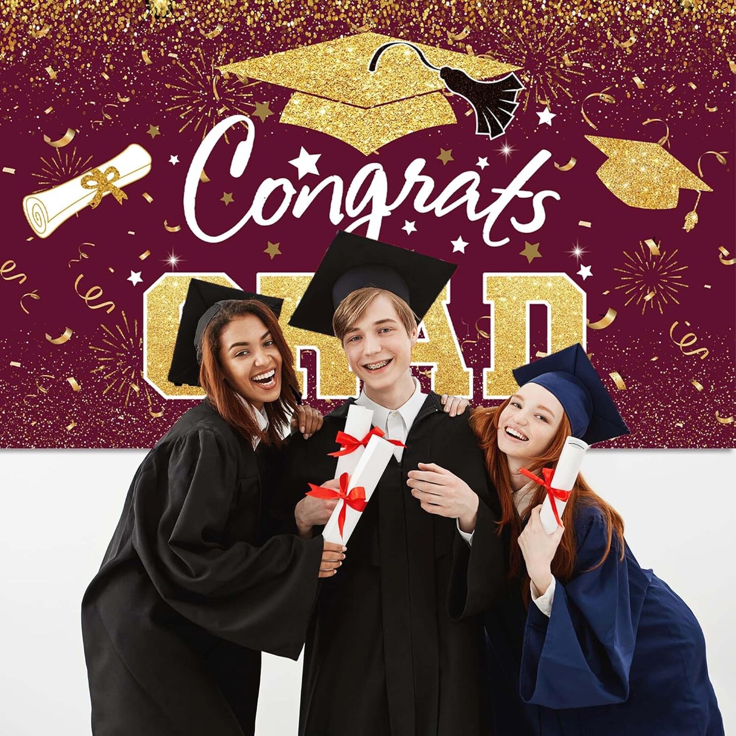 Graduation Party Decoration – Maroon & Gold Congrats Grad Class of 2026 Backdrop Banner, Large Photography Background Wall Sign for Graduation Party Supplies