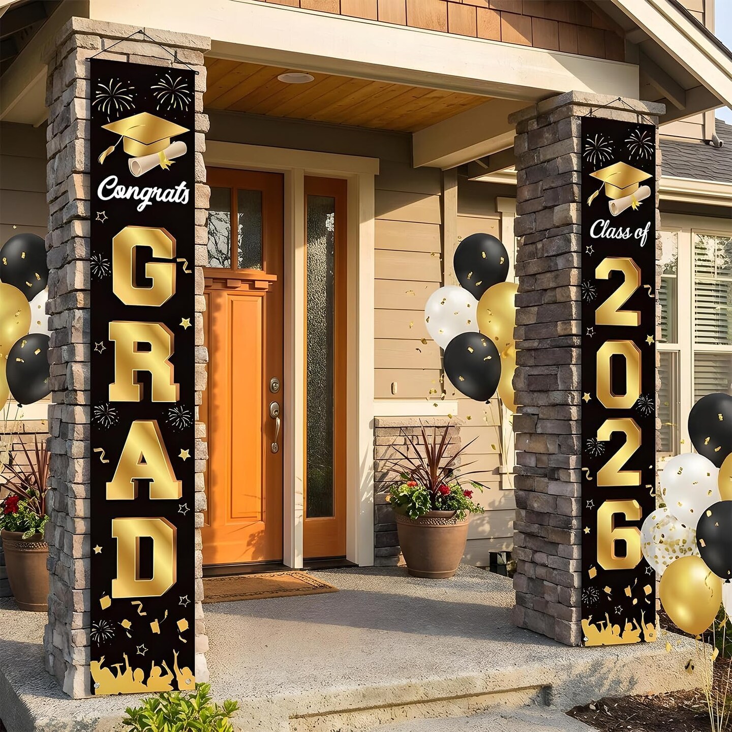 Graduation Party Decoration – Black & Gold Congrats Grad Class of 2026 Porch Banner Set, 71×12 Inch Door & Porch Hanging Signs for Graduation Party Supplies