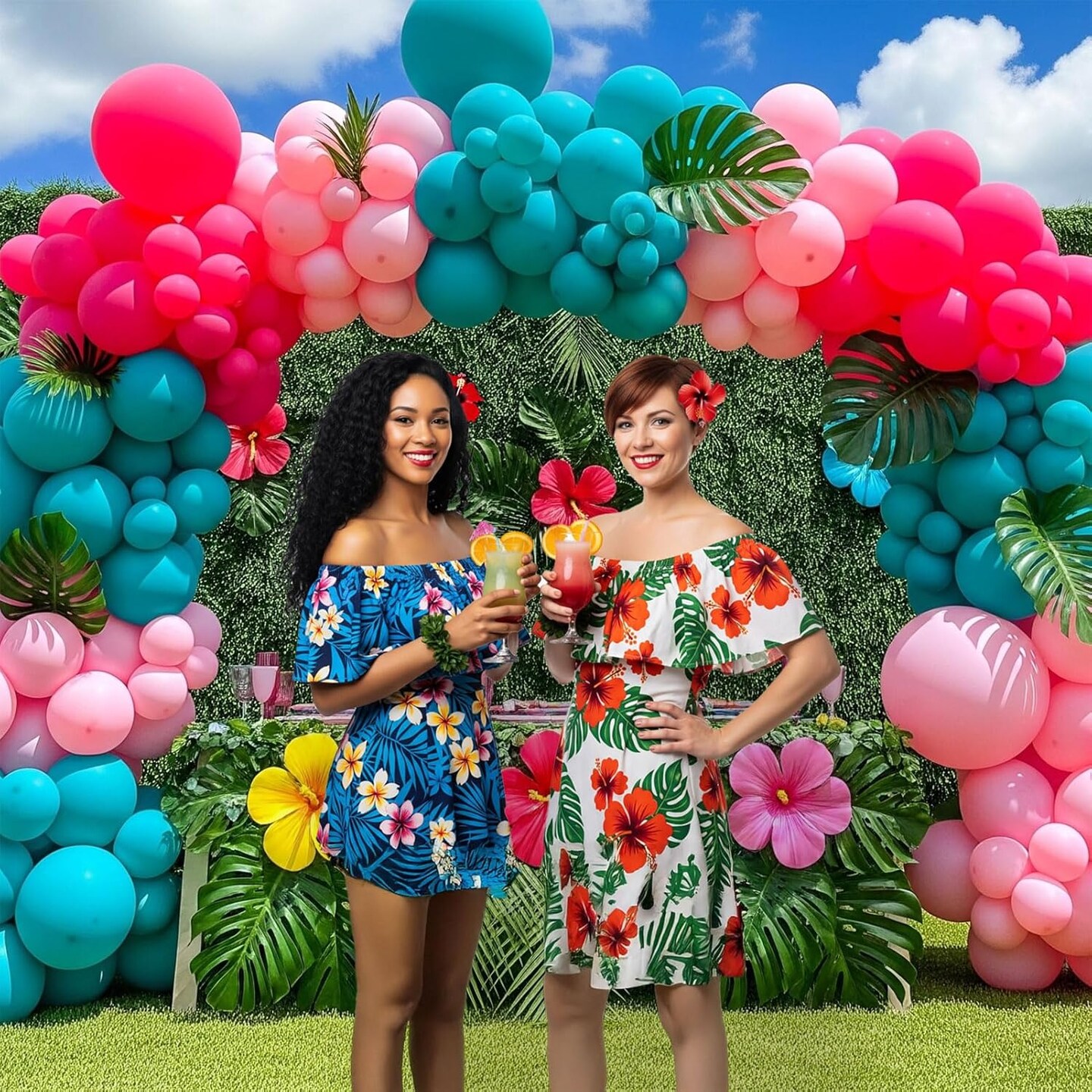 Tropical Hot Pink Teal Blue Balloon Garland arch kit 152 Pcs with Pastel Pink DIY Long Colored Balloons for Summer aloha Birthday Baby shower Gender reveal Hawaii cartoon Theme Decoration Supplies