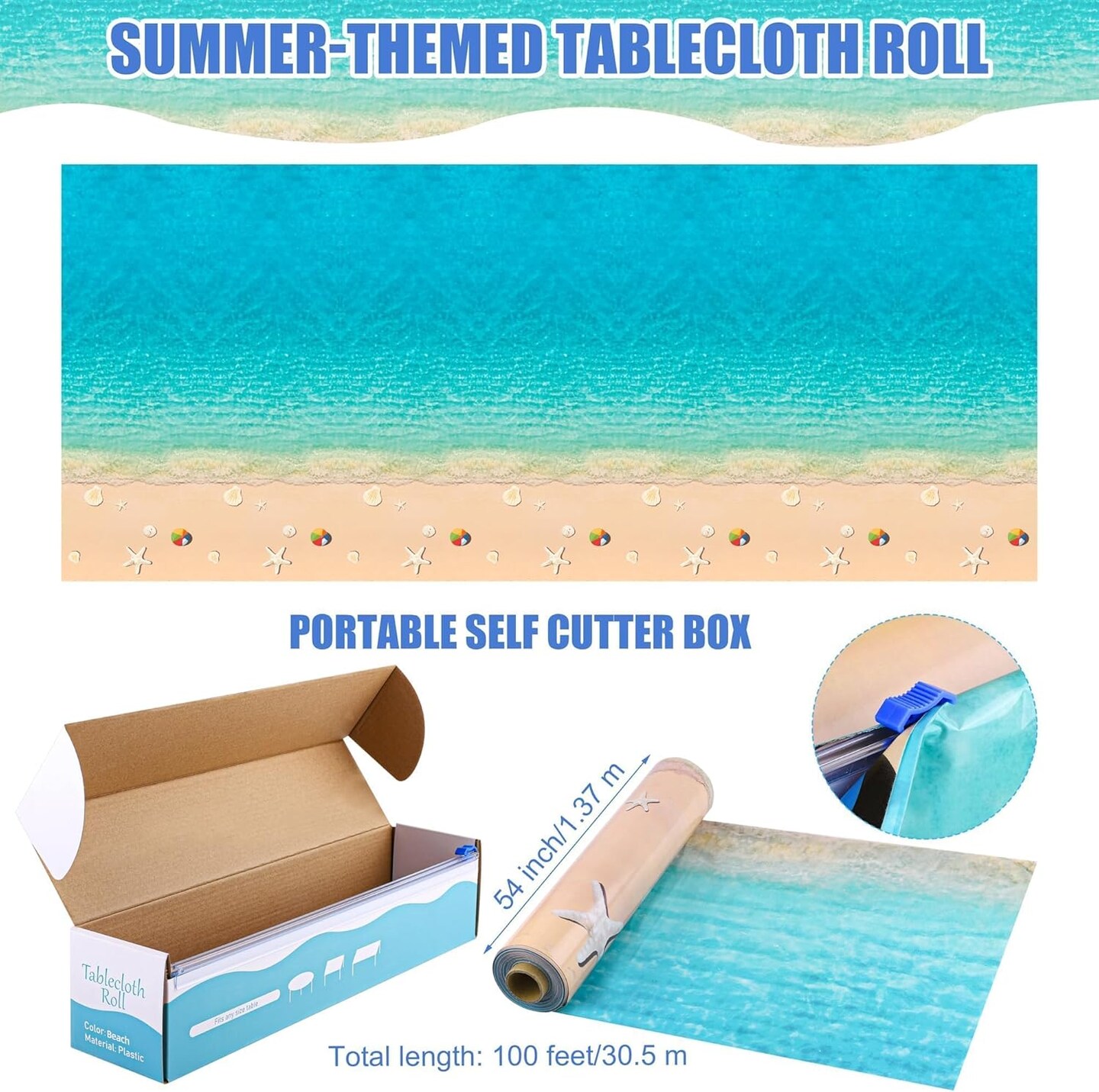 100 Ft x 54 Inch Summer Beach Tablecloth Roll with Cutter Box | Disposable Beach Ball Themed Tablecover for Pool Party, Ocean Backdrop & Summer Birthday Supplies