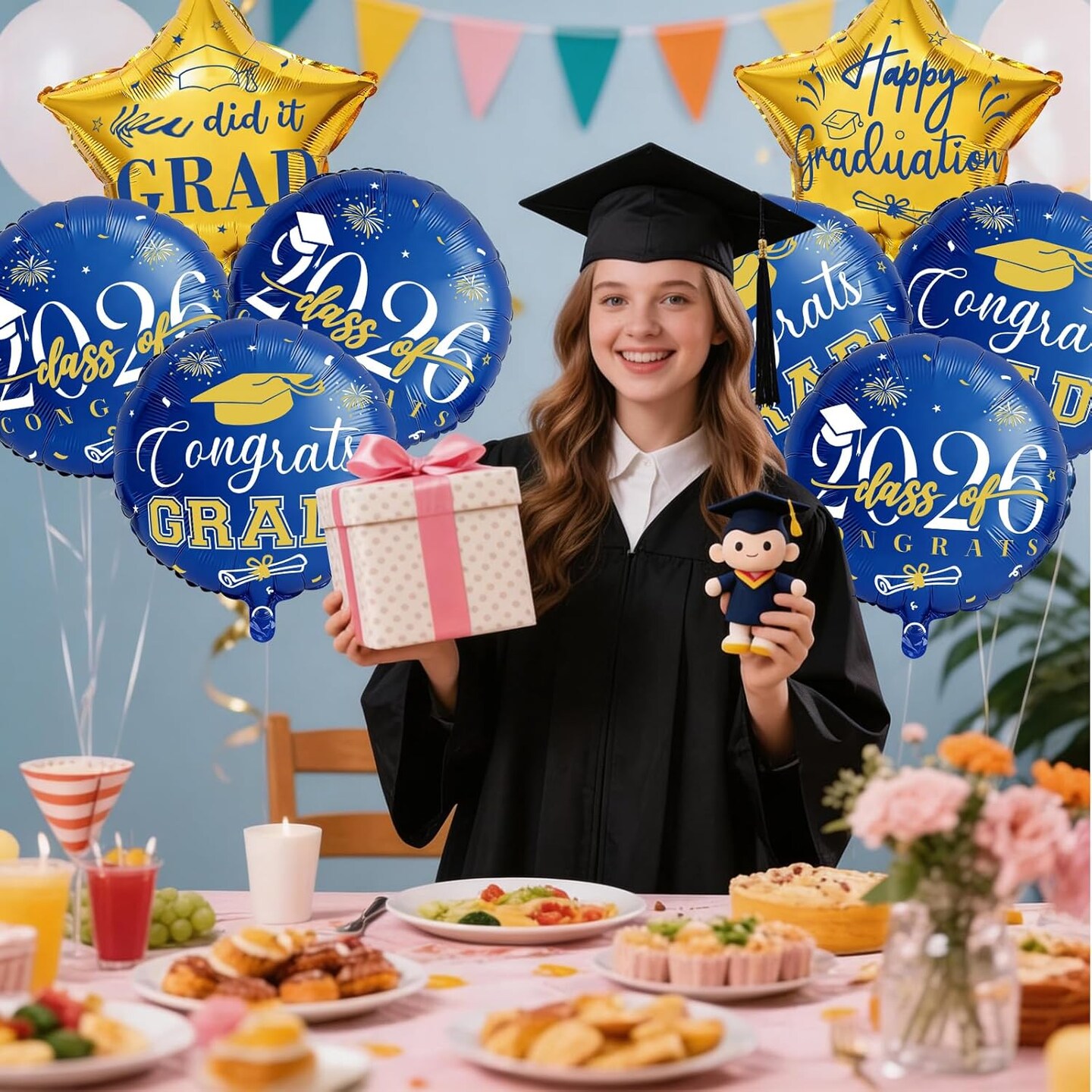 Graduation Party Balloons – Class of 2026 10-Piece Blue & Gold Congrats Grad Foil Balloon Set with Star Mylar Balloons for High School & College Graduation Decorations