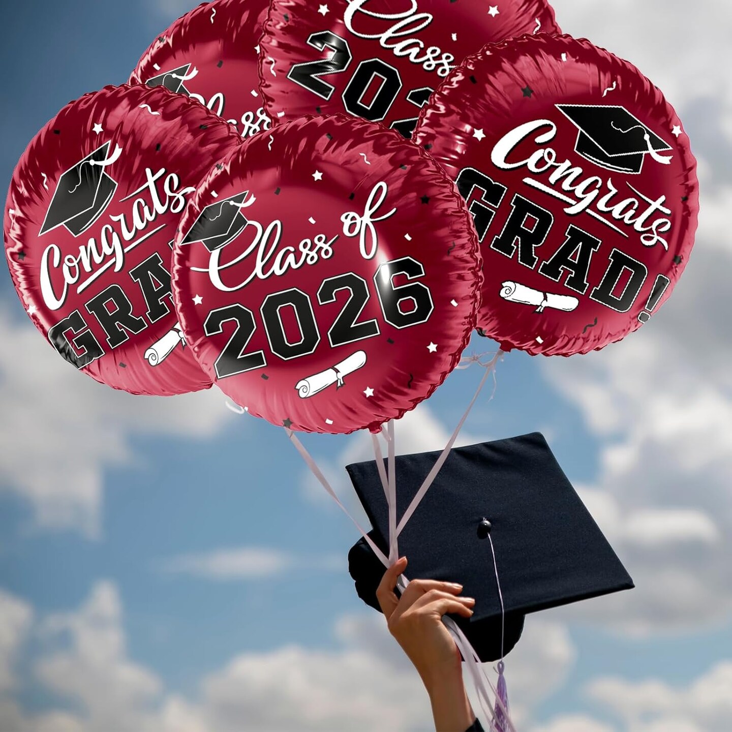Graduation Party Balloons – Class of 2026 12-Piece 18” Maroon “Congrats Grad” Foil Balloon Set with Double-Sided Design for Graduation Decorations & Celebration Supplies